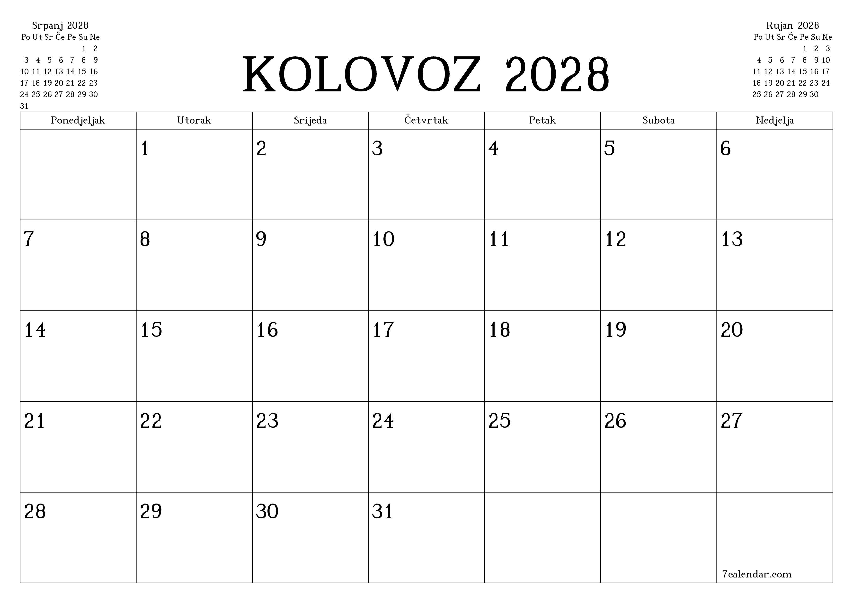 Ispraznite mjesečni planer za mjesec Kolovoz 2028 s bilješkama, spremite i ispišite u PDF PNG Croatian