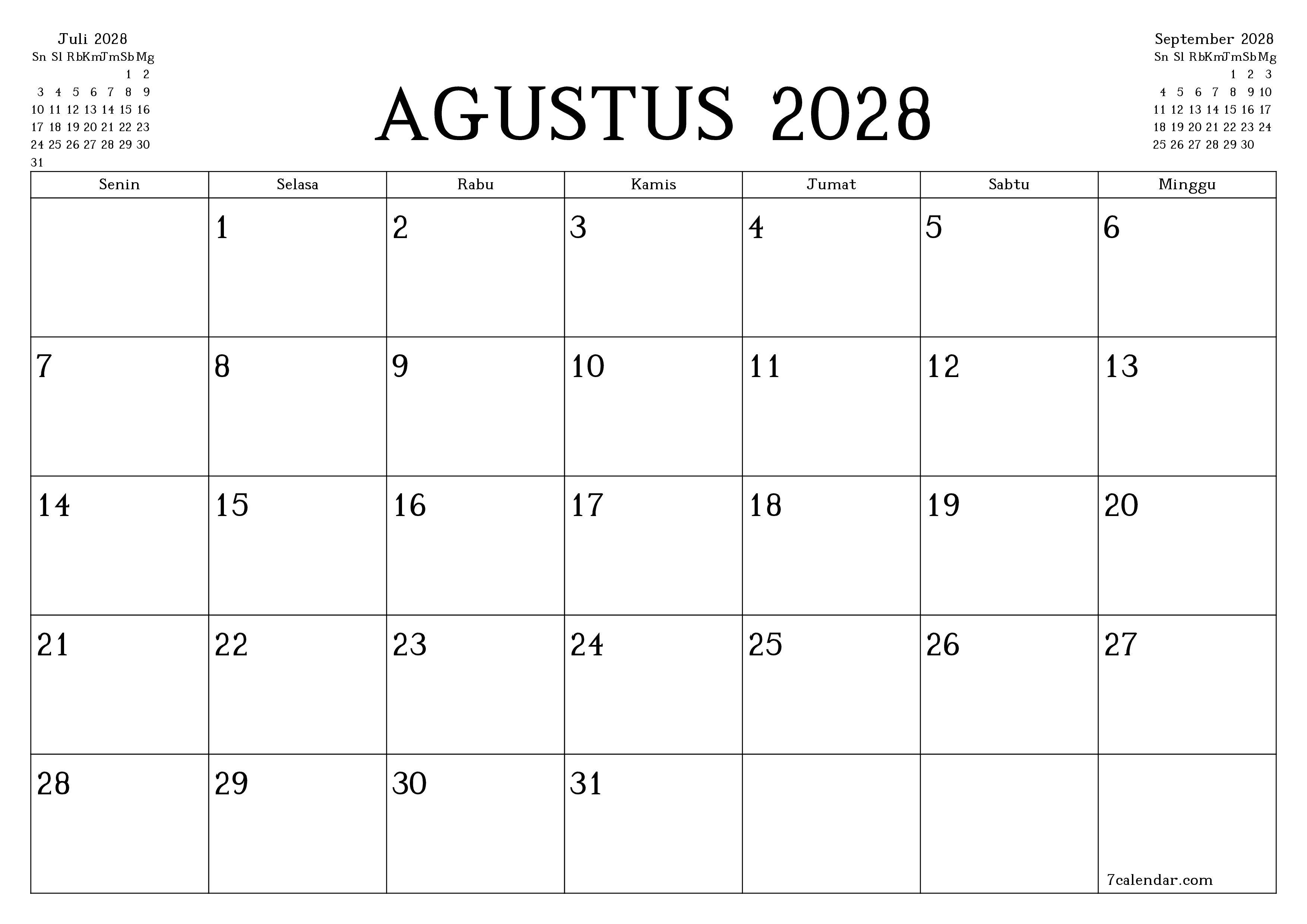 Kosongkan agenda bulanan untuk bulan Agustus 2028 dengan catatan, simpan dan cetak ke PDF PNG Indonesian