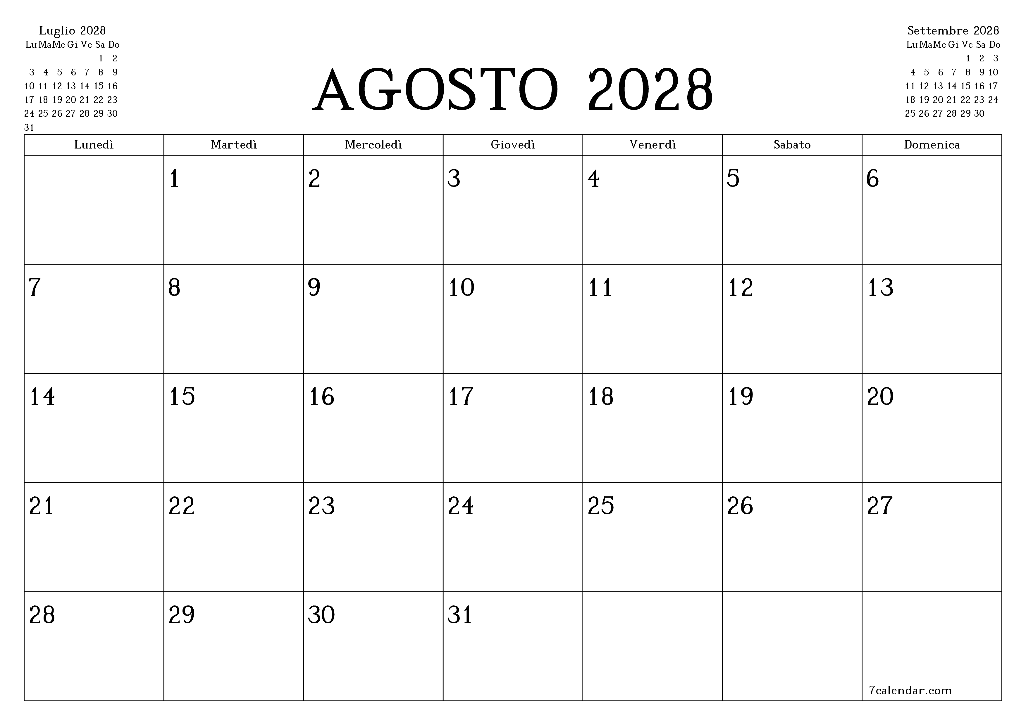Pianificatore mensile vuoto per il mese Agosto 2028 con note, salva e stampa in PDF PNG Italian
