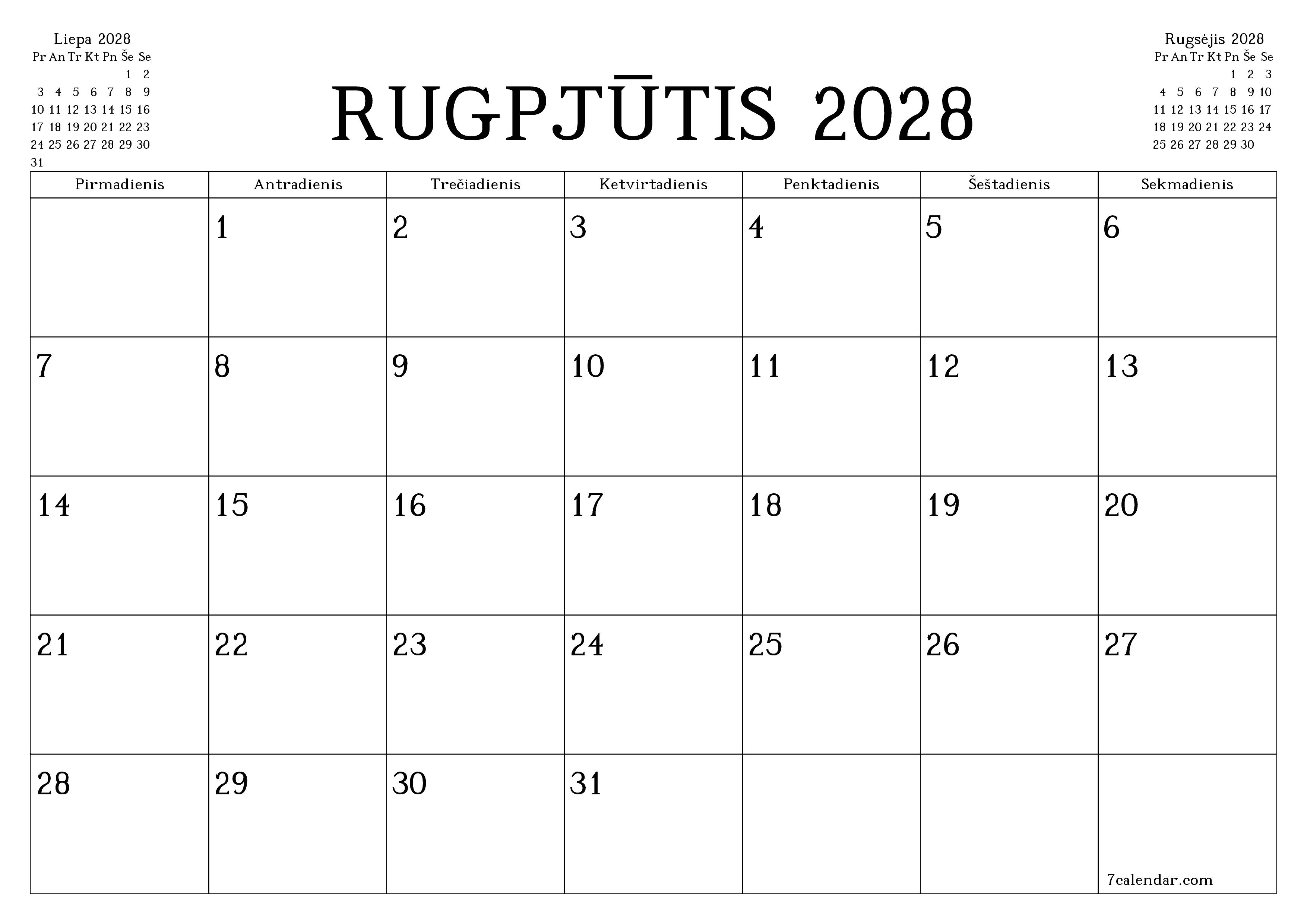 Ištuštinti mėnesio Rugpjūtis 2028 mėnesio planavimo priemonę su užrašais, išsaugoti ir atsispausdinti PDF formate PNG Lithuanian