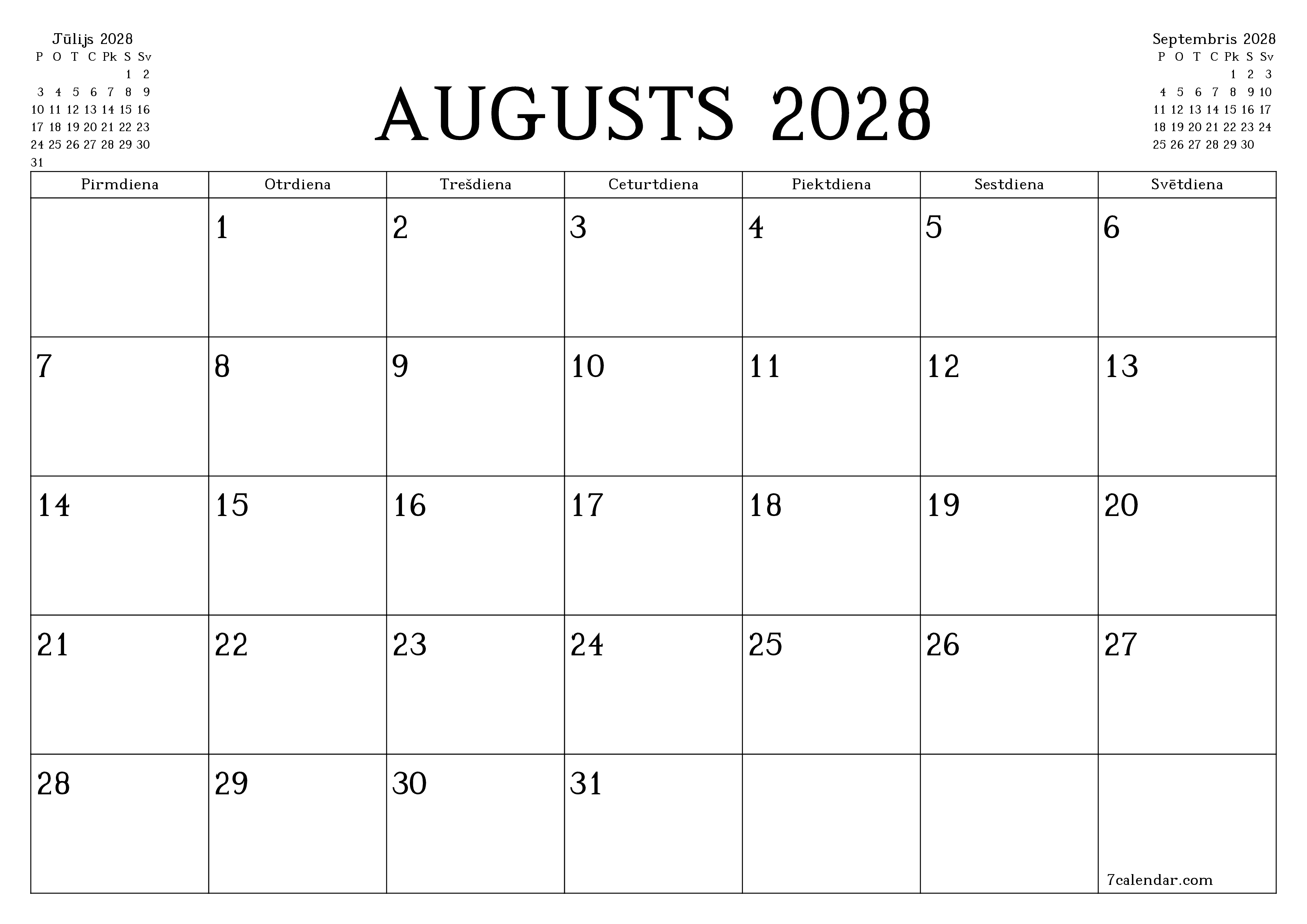 Iztukšot mēneša plānotāju mēnesim Augusts 2028 ar piezīmēm, saglabāt un izdrukāt PDF formātā PNG Latvian