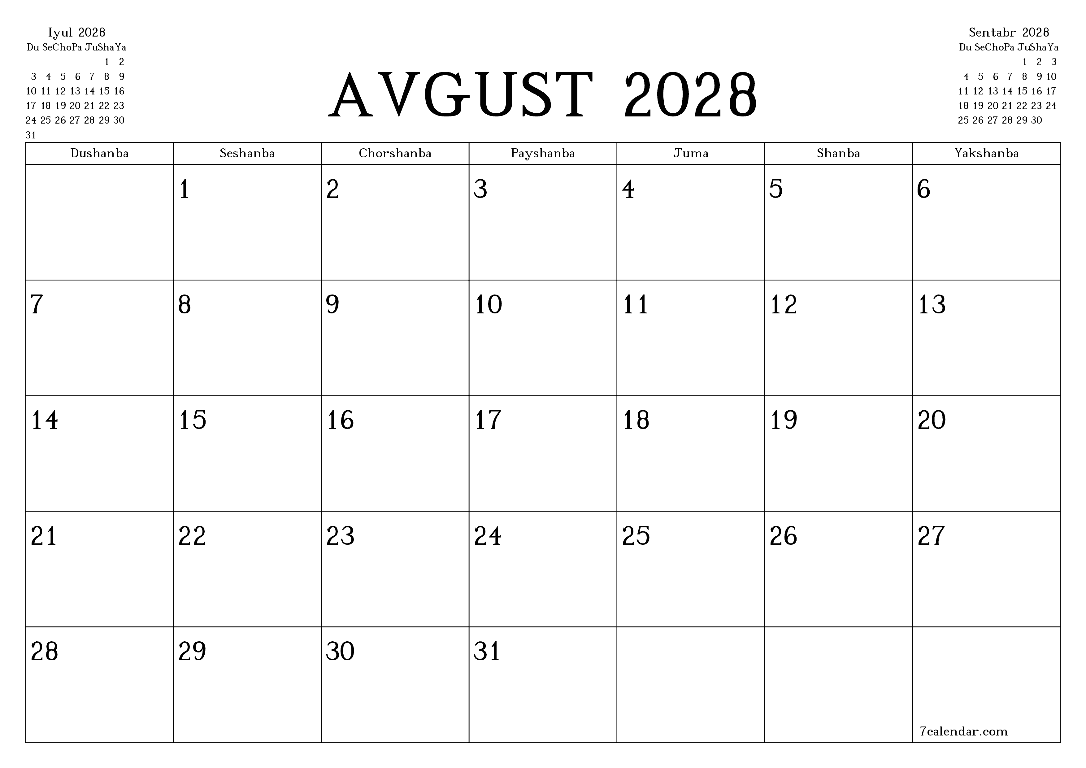 Avgust 2028 oylik oylik rejalashtiruvchini yozuvlar bilan bo'shatish, saqlash va PDF-ga chop etish PNG Uzbek