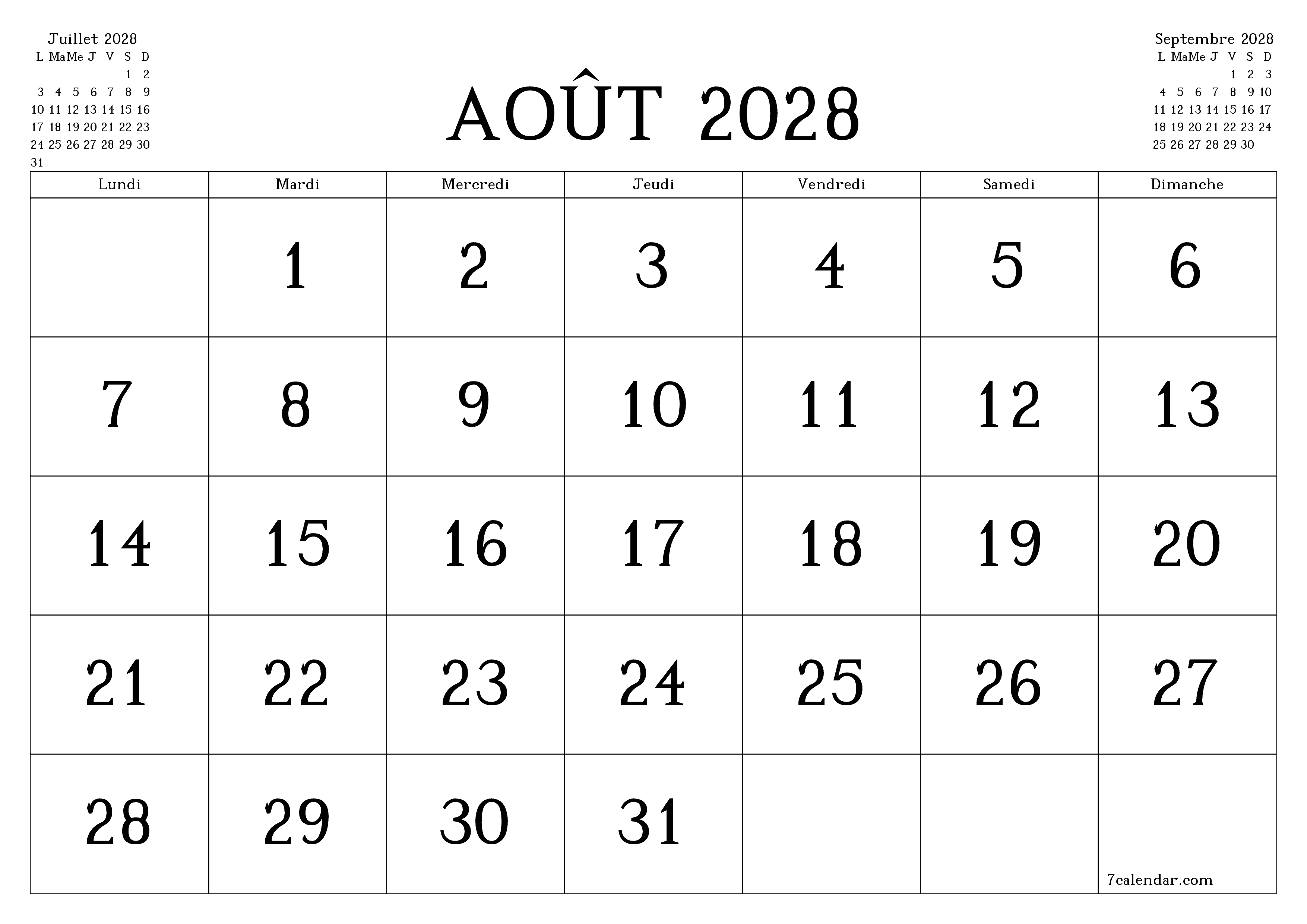 Agenda mensuel vide pour le mois Août 2028 avec notes, enregistrez et imprimez au format PDF PNG French