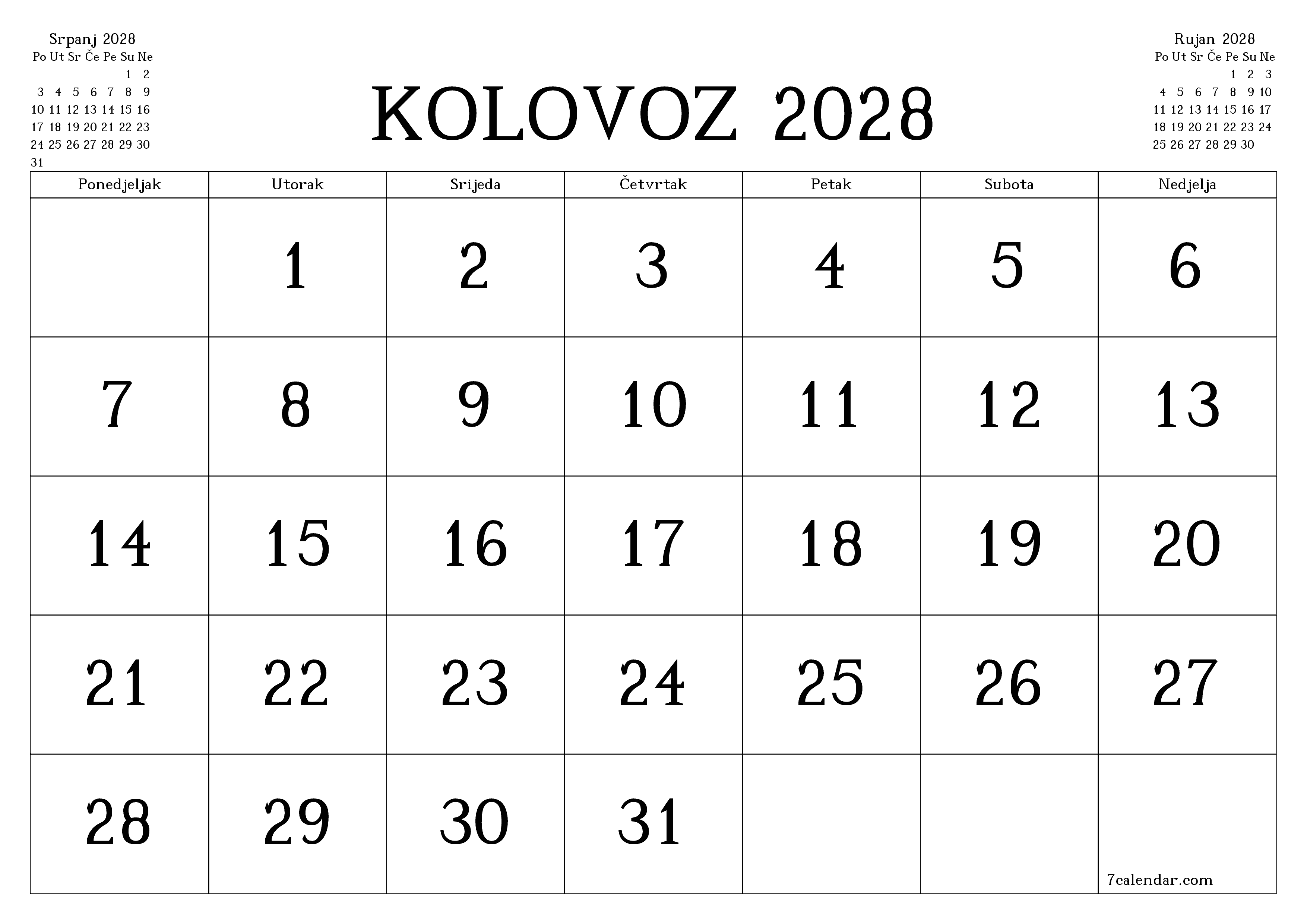 Ispraznite mjesečni planer za mjesec Kolovoz 2028 s bilješkama, spremite i ispišite u PDF PNG Croatian