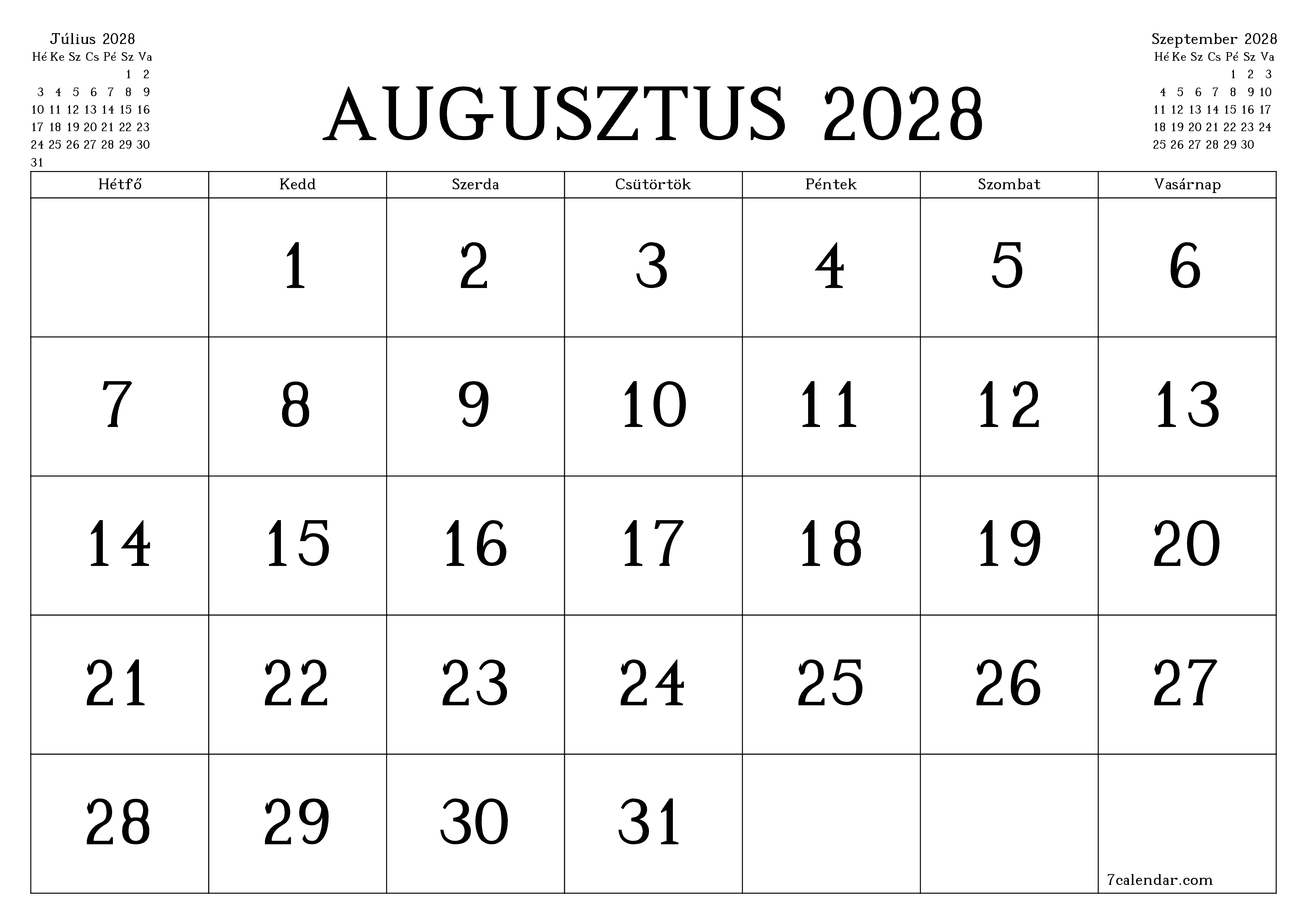 Üres havi tervező a Augusztus 2028 hónapra jegyzetekkel, mentés és nyomtatás PDF-be PNG Hungarian