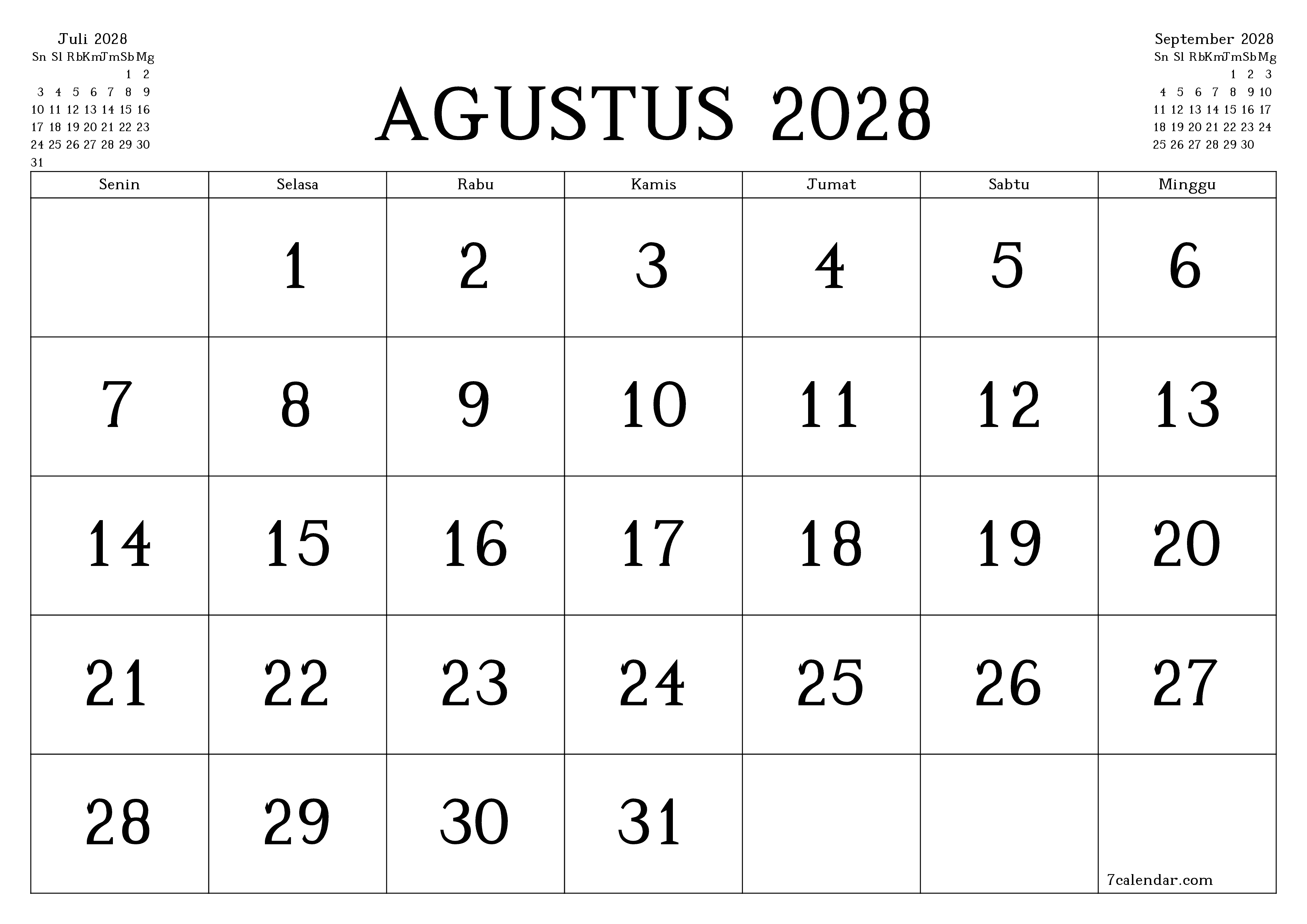 Kosongkan agenda bulanan untuk bulan Agustus 2028 dengan catatan, simpan dan cetak ke PDF PNG Indonesian