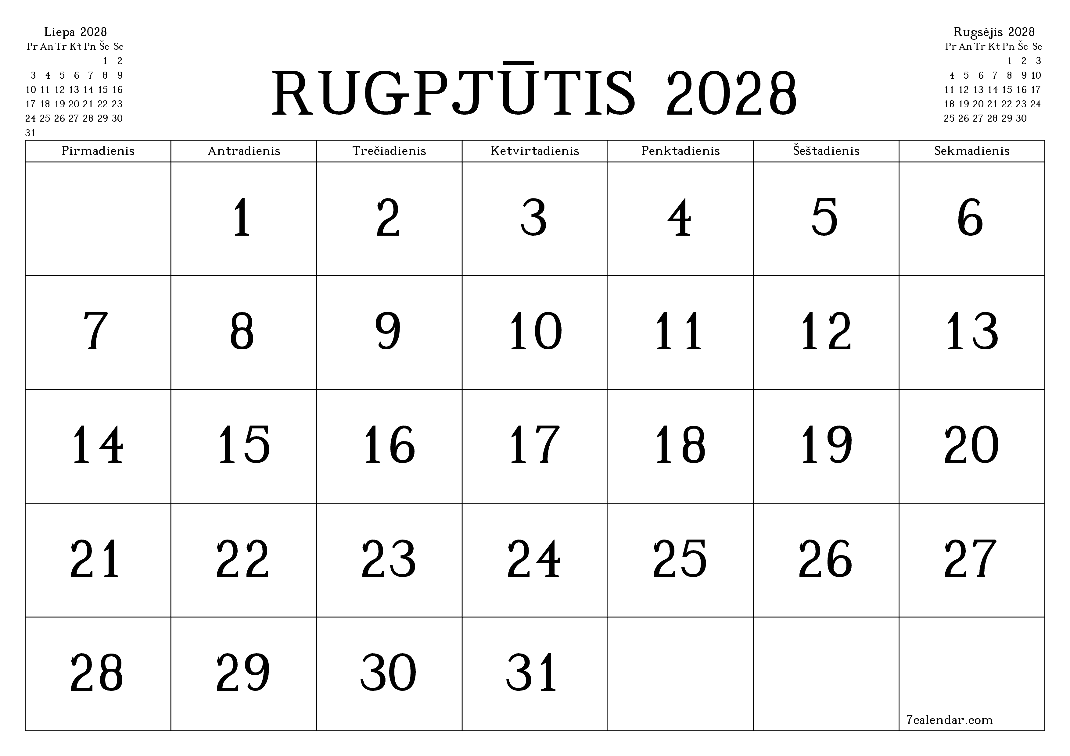 Ištuštinti mėnesio Rugpjūtis 2028 mėnesio planavimo priemonę su užrašais, išsaugoti ir atsispausdinti PDF formate PNG Lithuanian