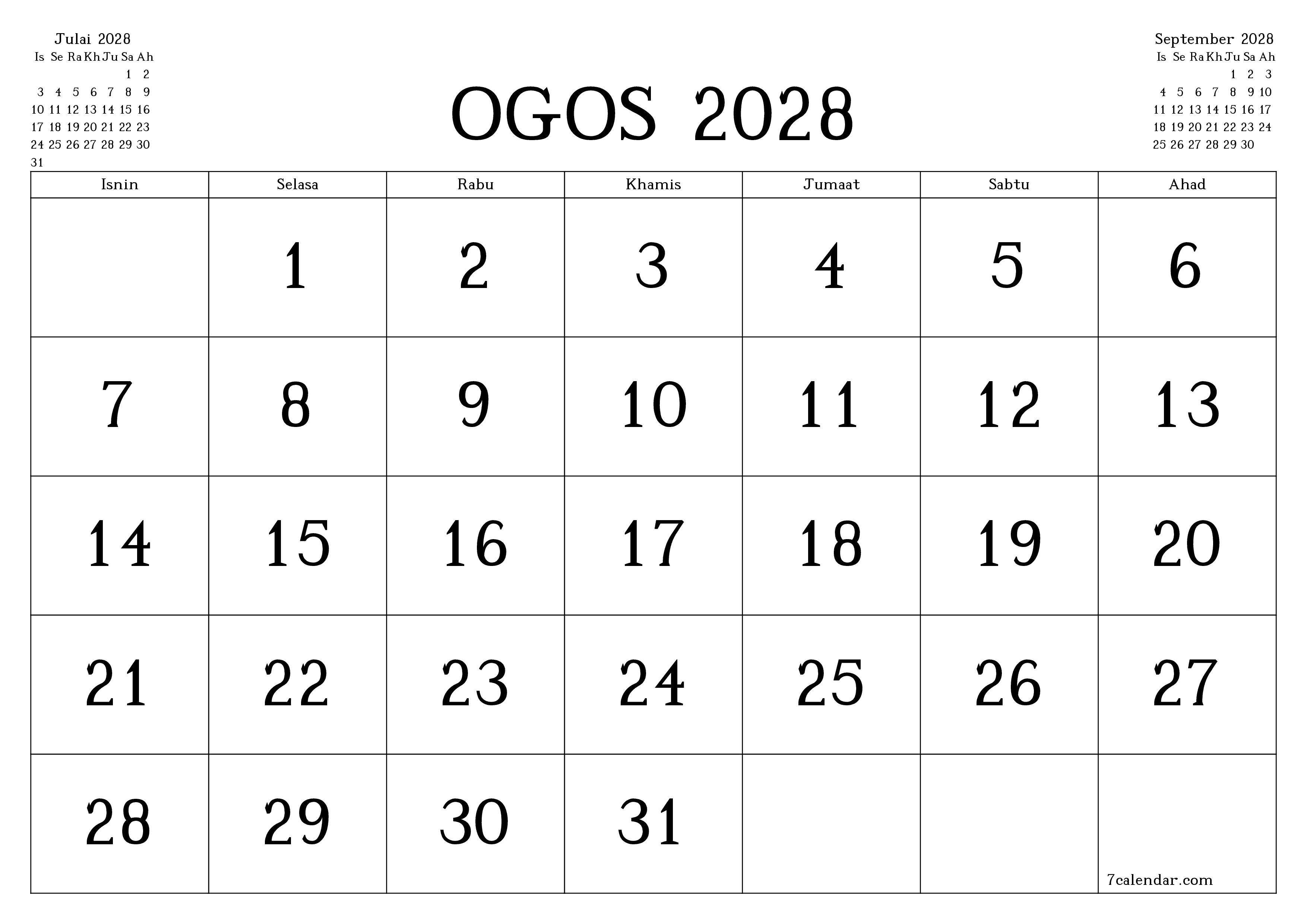 Perancang bulanan kosong untuk bulan Ogos 2028 dengan nota, simpan dan cetak ke PDF PNG Malay