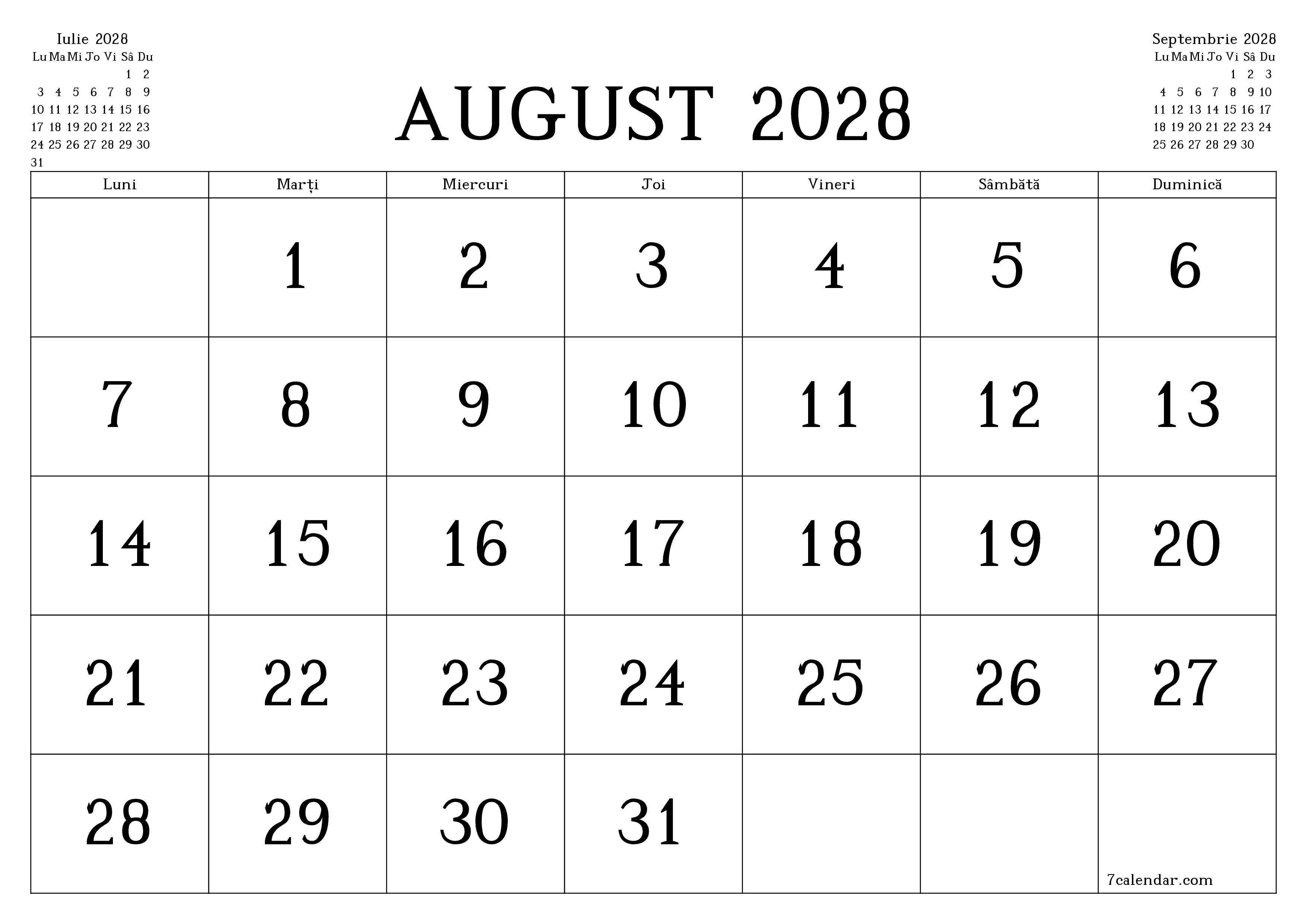 Planificator lunar gol pentru luna August 2028 cu note, salvați și tipăriți în PDF PNG Romanian