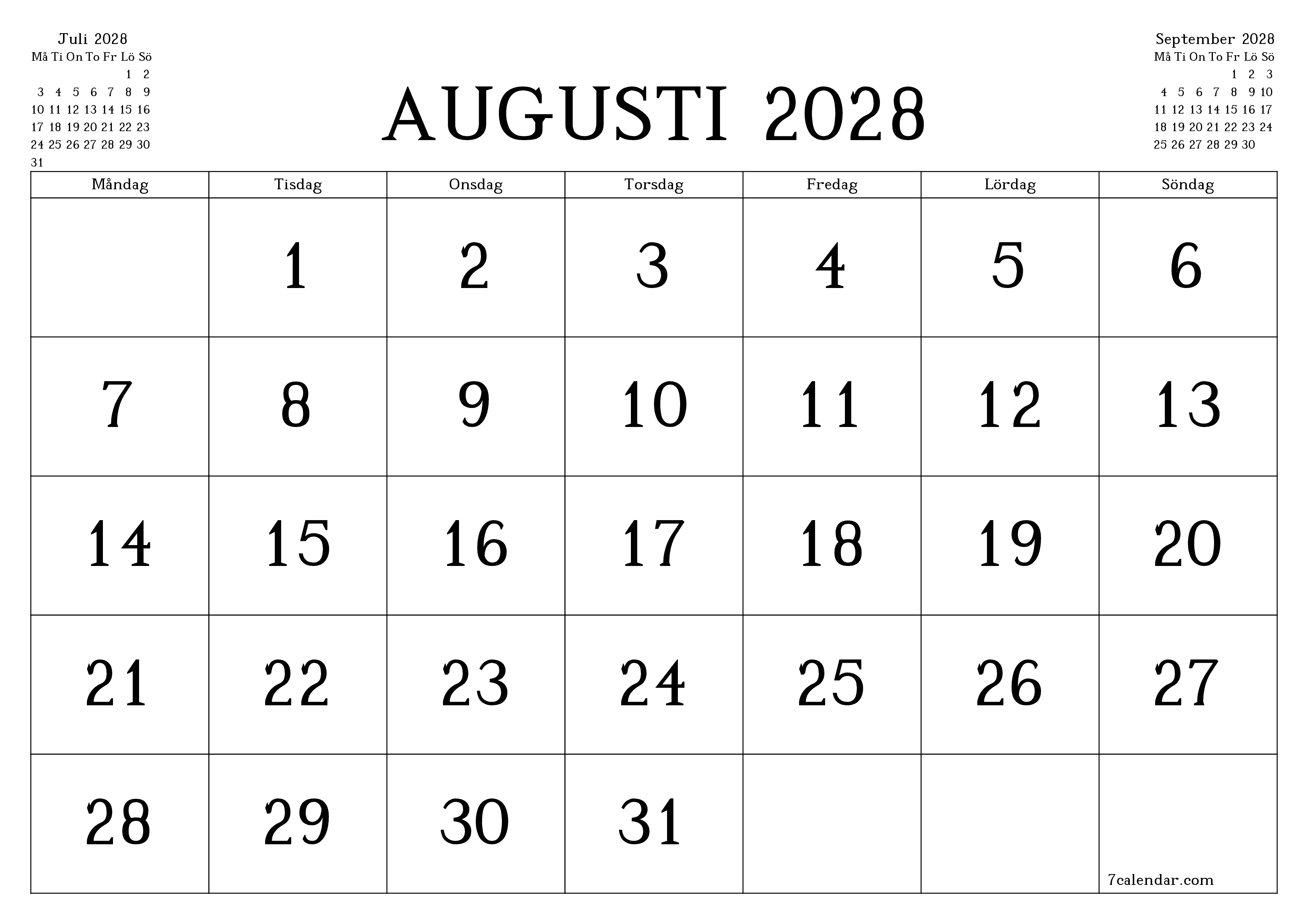 Tom månadsplanerare för månad Augusti 2028 med anteckningar, spara och skriv ut till PDF PNG Swedish