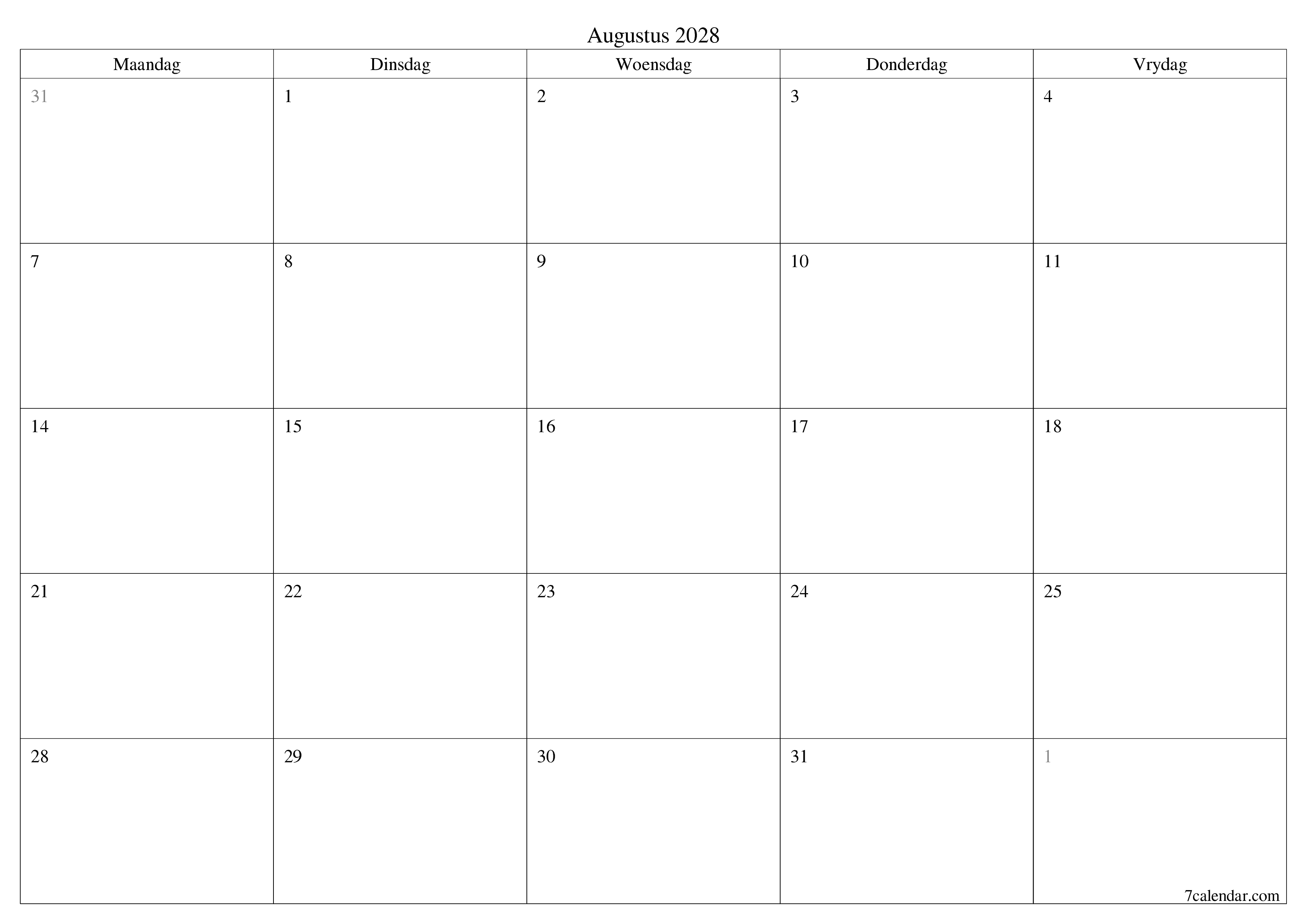 Leë maandelikse drukbare kalender en beplanner vir maand Augustus 2028 met notas stoor en druk na PDF PNG Afrikaans