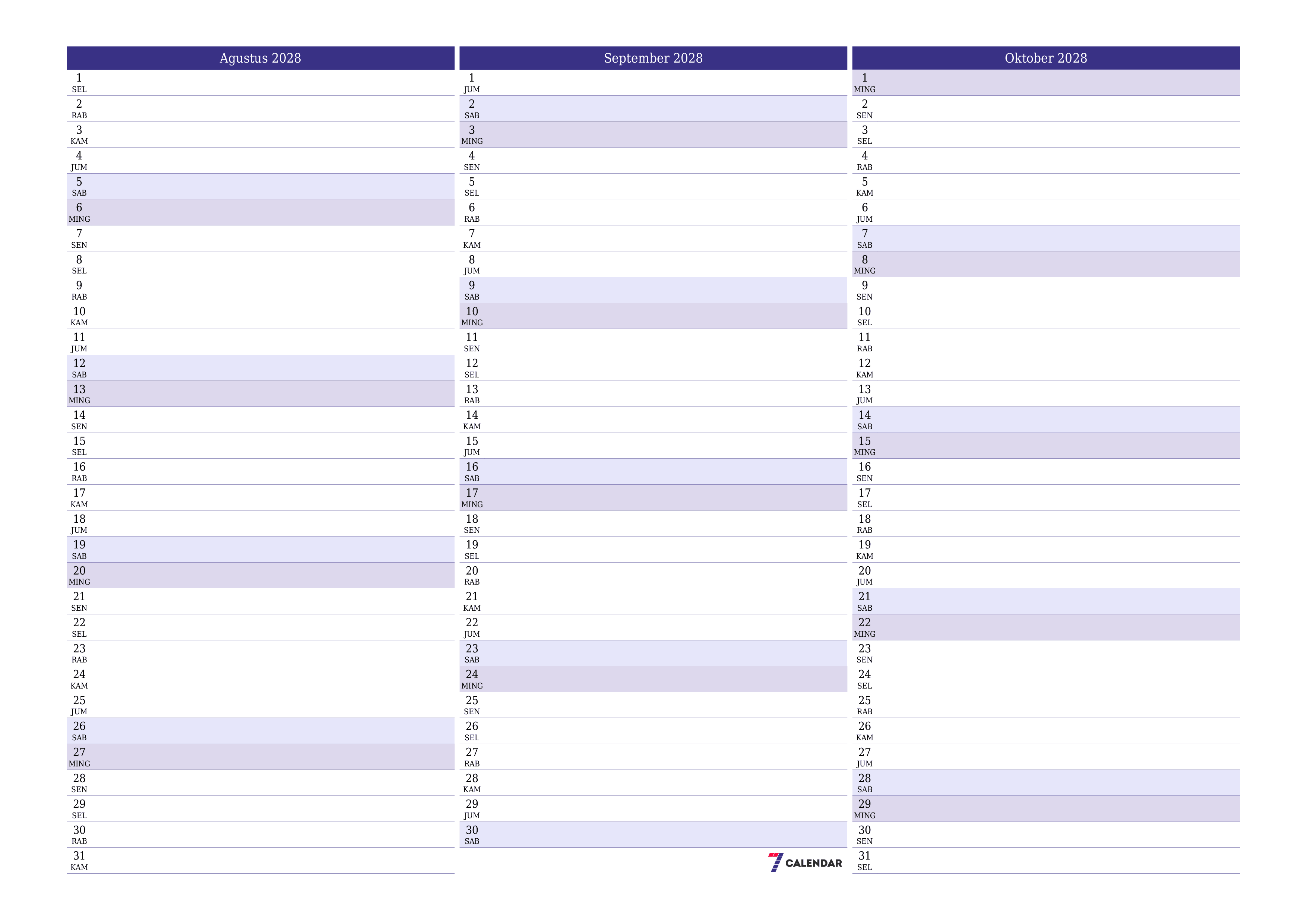 Kosongkan agenda bulanan untuk bulan Agustus 2028 dengan catatan, simpan dan cetak ke PDF PNG Indonesian