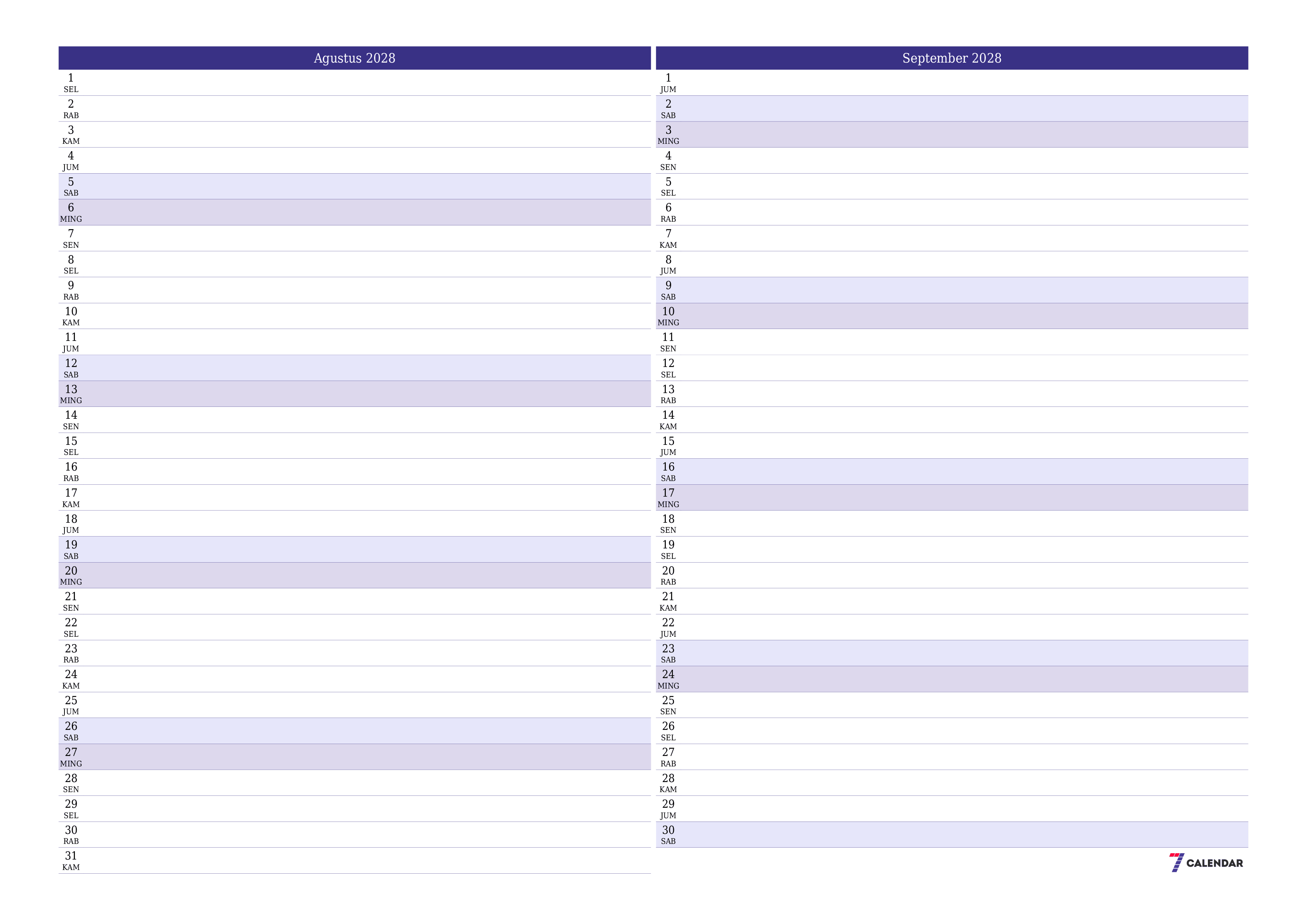 Kosongkan agenda bulanan untuk bulan Agustus 2028 dengan catatan, simpan dan cetak ke PDF PNG Indonesian