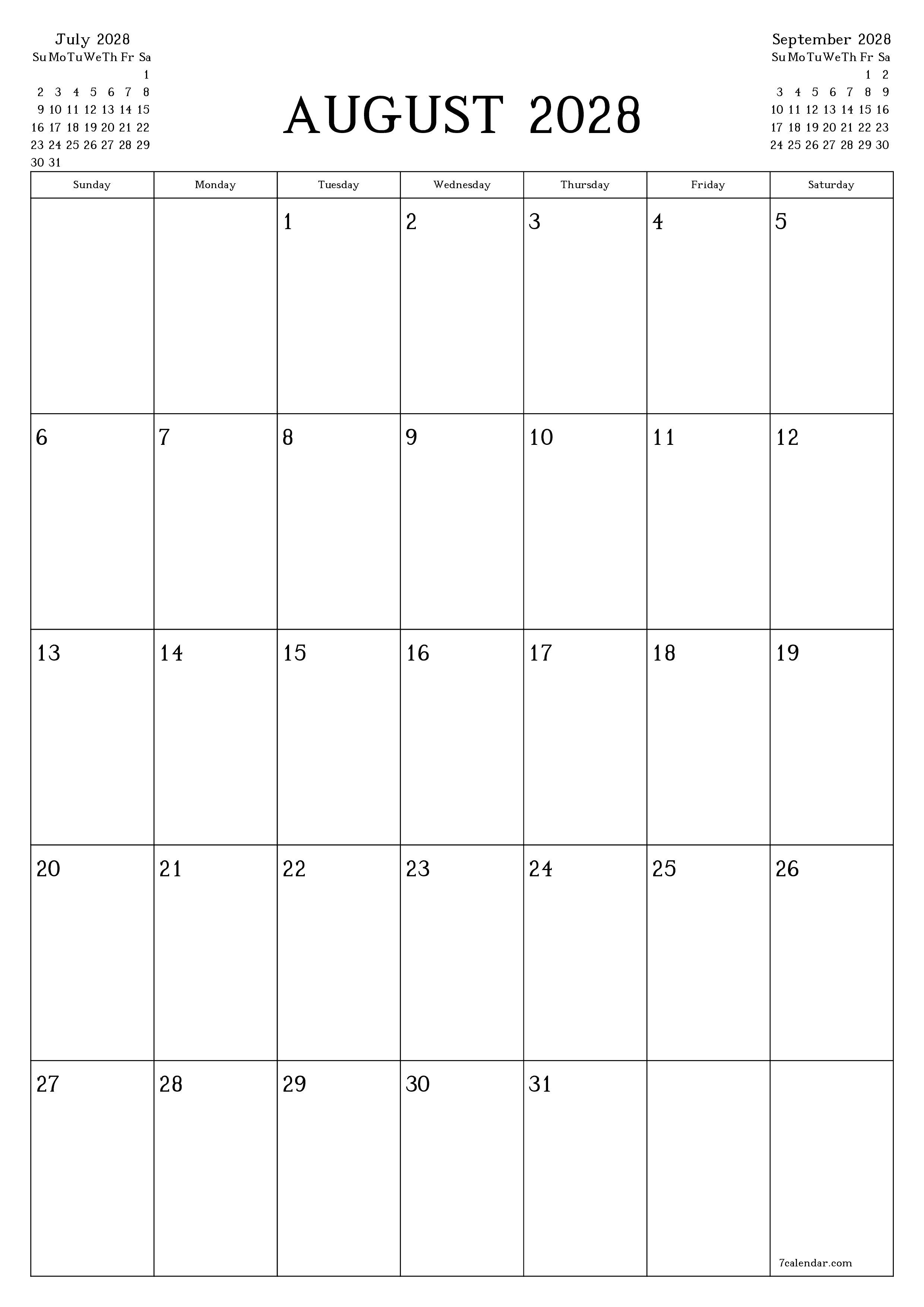 Blank calendar August 2028