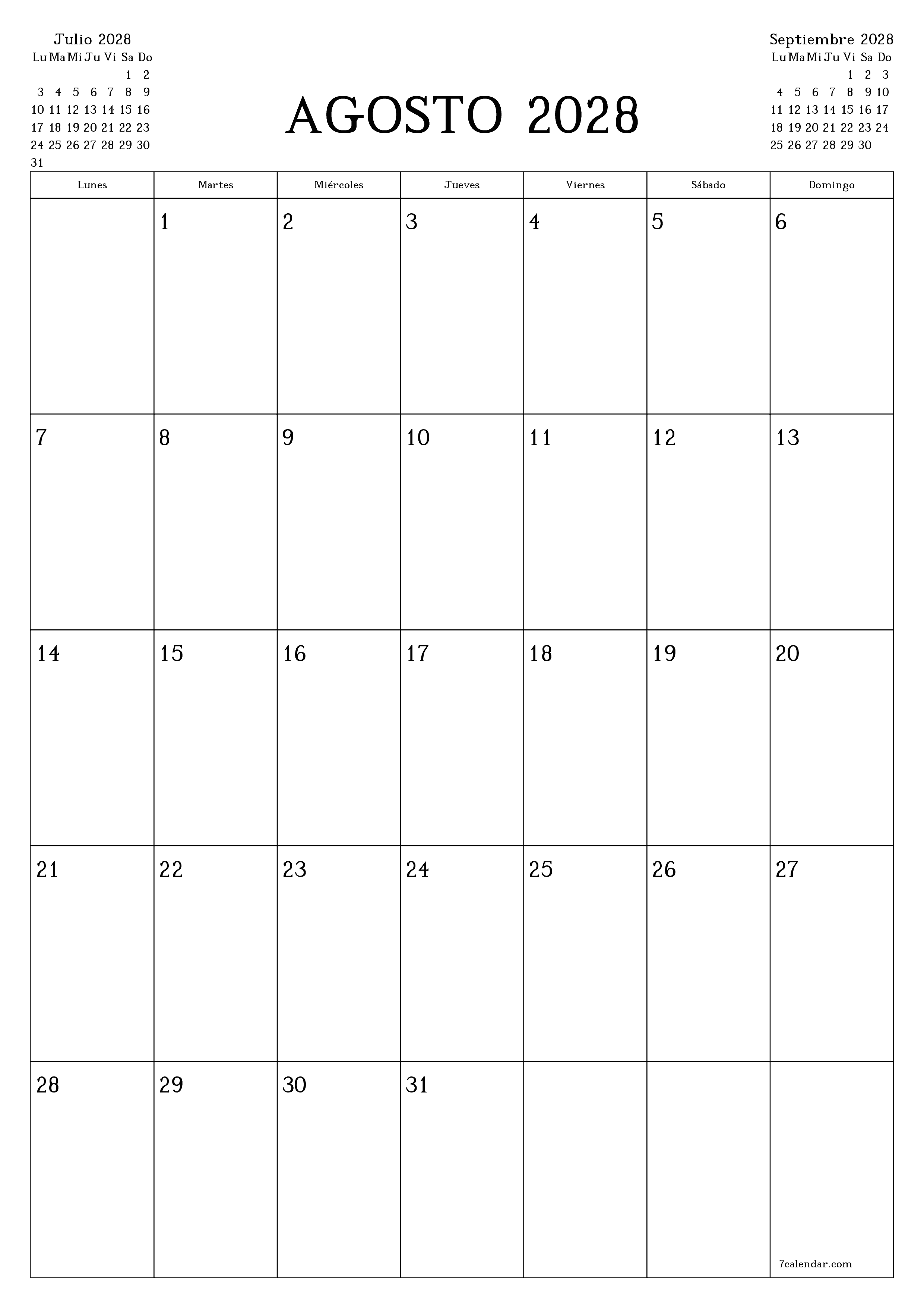 Planificador mensual vacío para el mes Agosto 2028 con notas, guardar e imprimir en PDF PNG Spanish