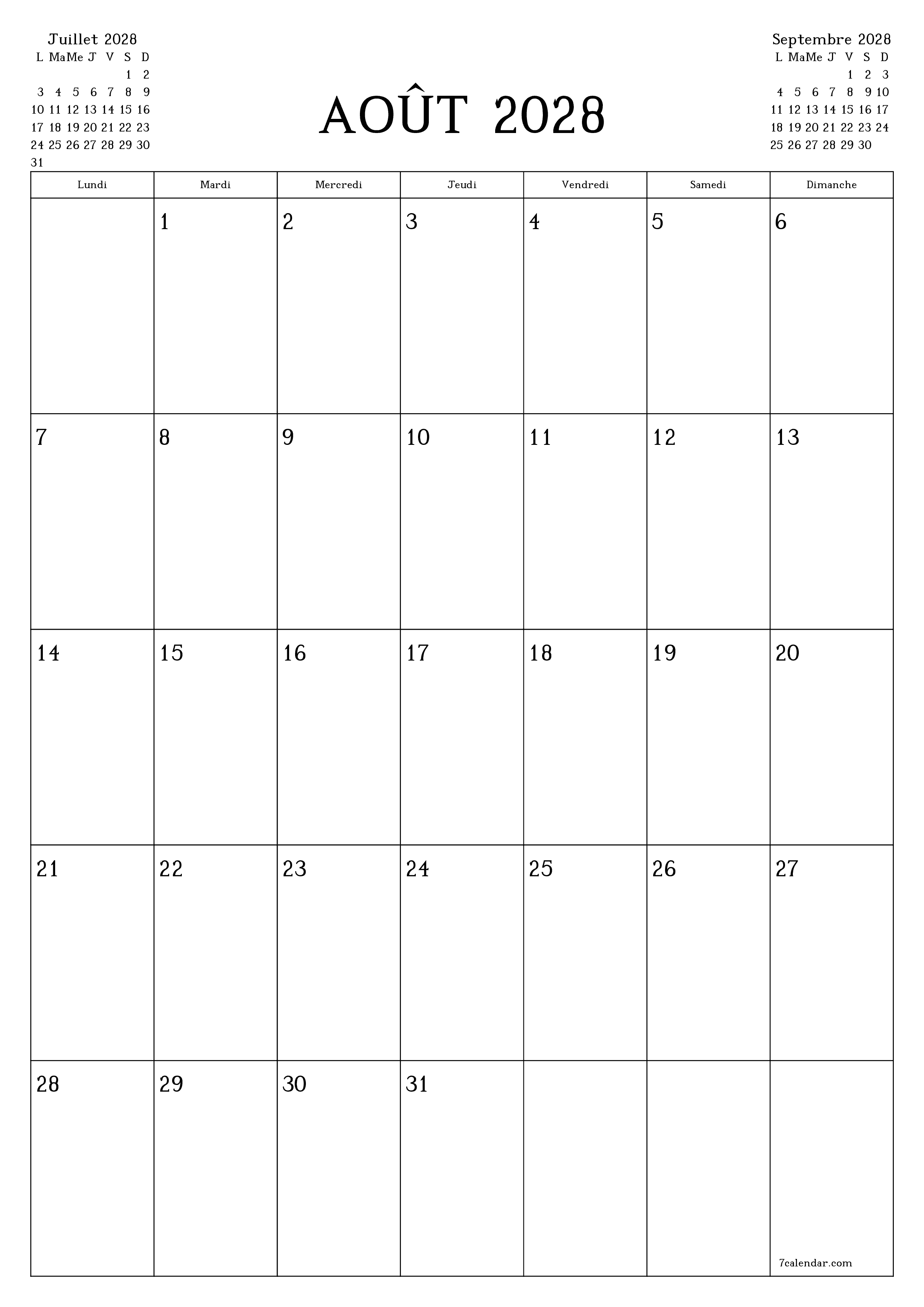 Agenda mensuel vide pour le mois Août 2028 avec notes, enregistrez et imprimez au format PDF PNG French