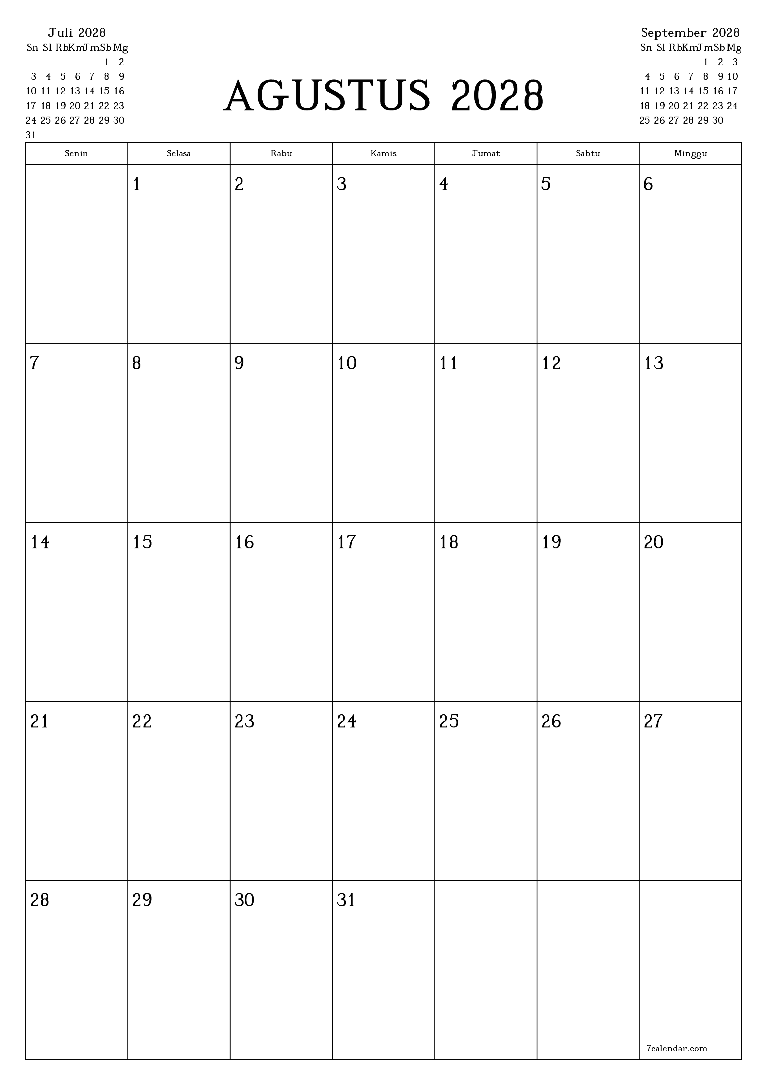 Kosongkan agenda bulanan untuk bulan Agustus 2028 dengan catatan, simpan dan cetak ke PDF PNG Indonesian