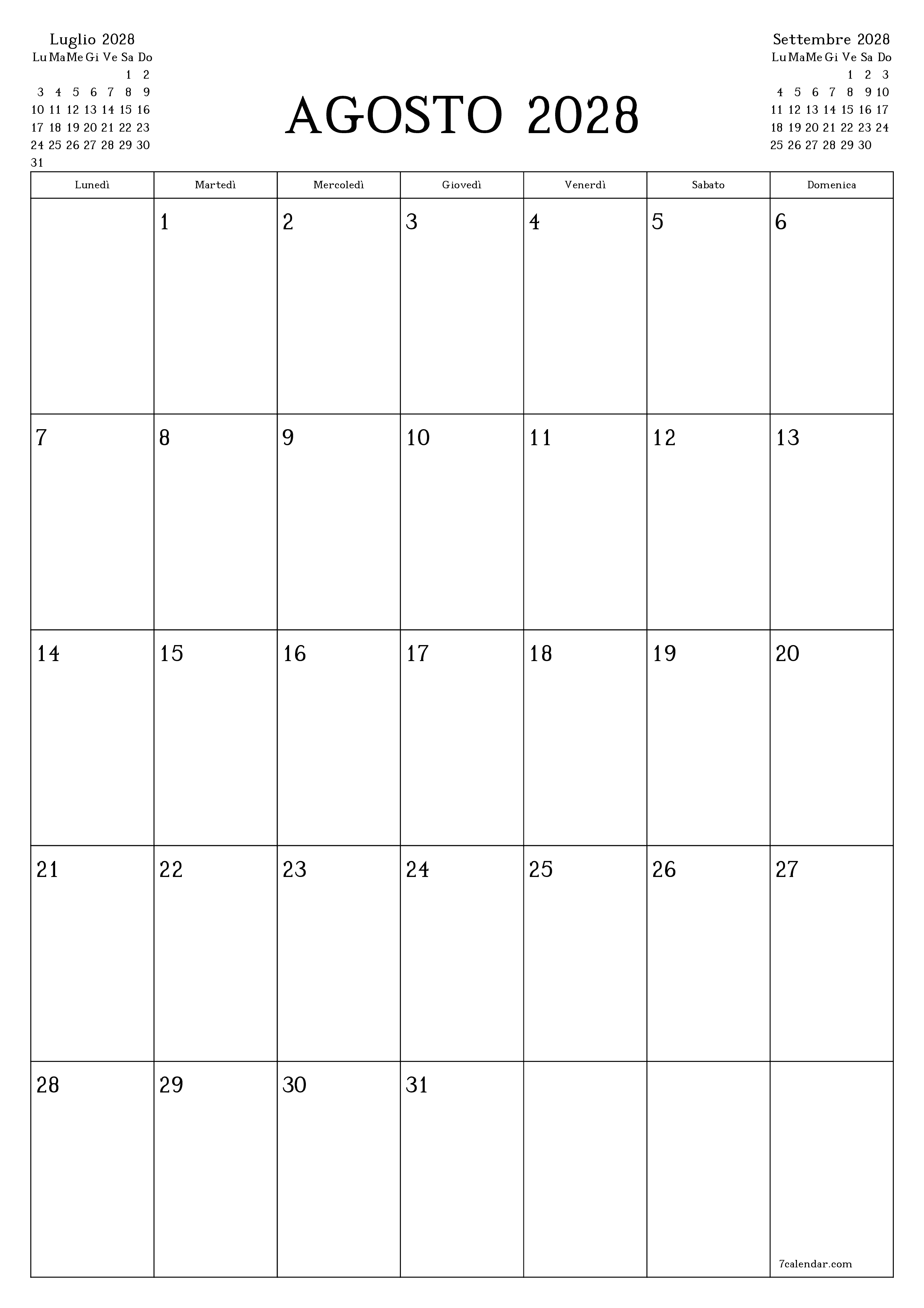 Pianificatore mensile vuoto per il mese Agosto 2028 con note, salva e stampa in PDF PNG Italian