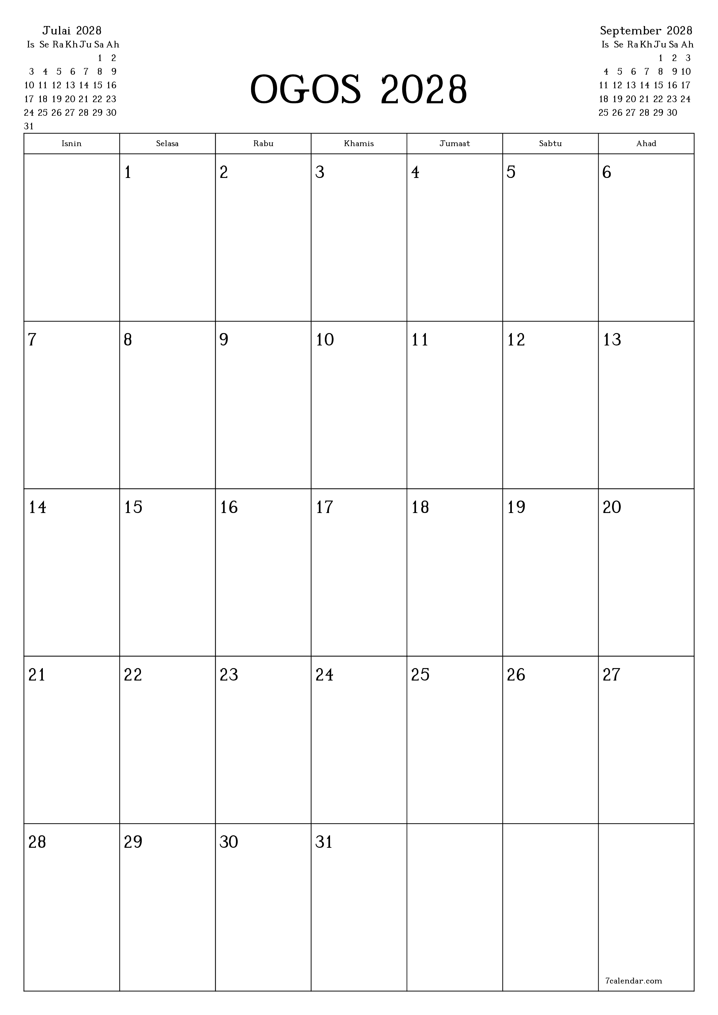 Perancang bulanan kosong untuk bulan Ogos 2028 dengan nota, simpan dan cetak ke PDF PNG Malay