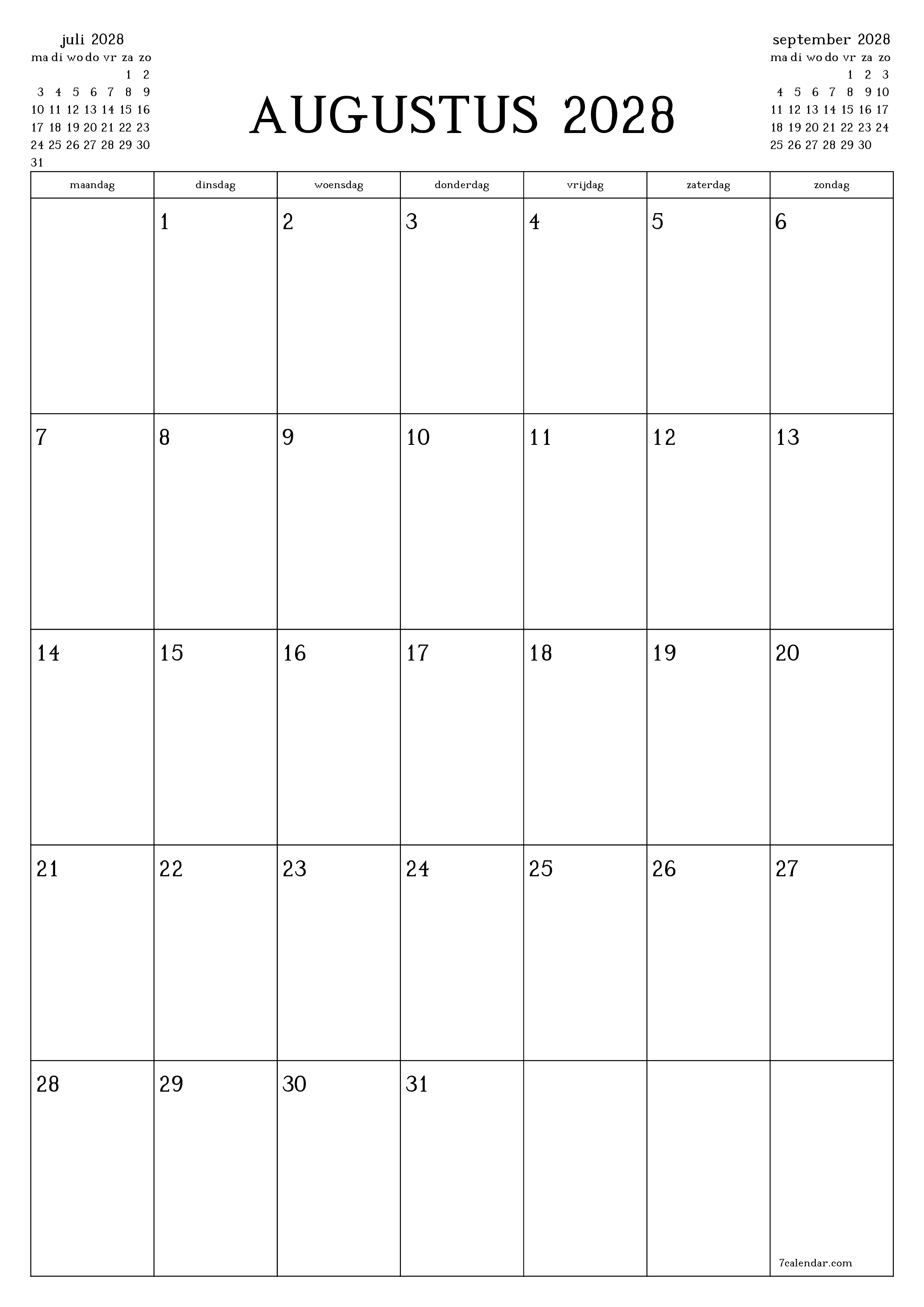 Lege maandplanner voor maand augustus 2028 met notities, opslaan en afdrukken naar pdf PNG Dutch