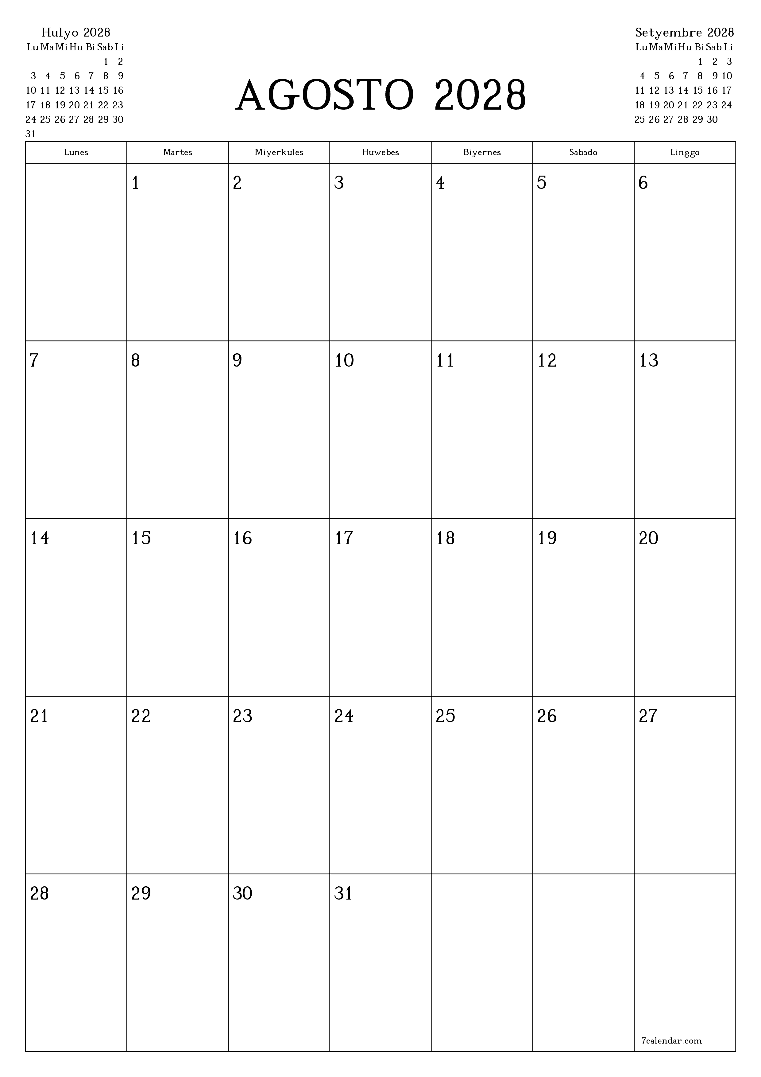 Walang laman na buwanang tagaplano para sa buwan na Agosto 2028 na may mga tala, i-save at i-print sa PDF PNG Filipino