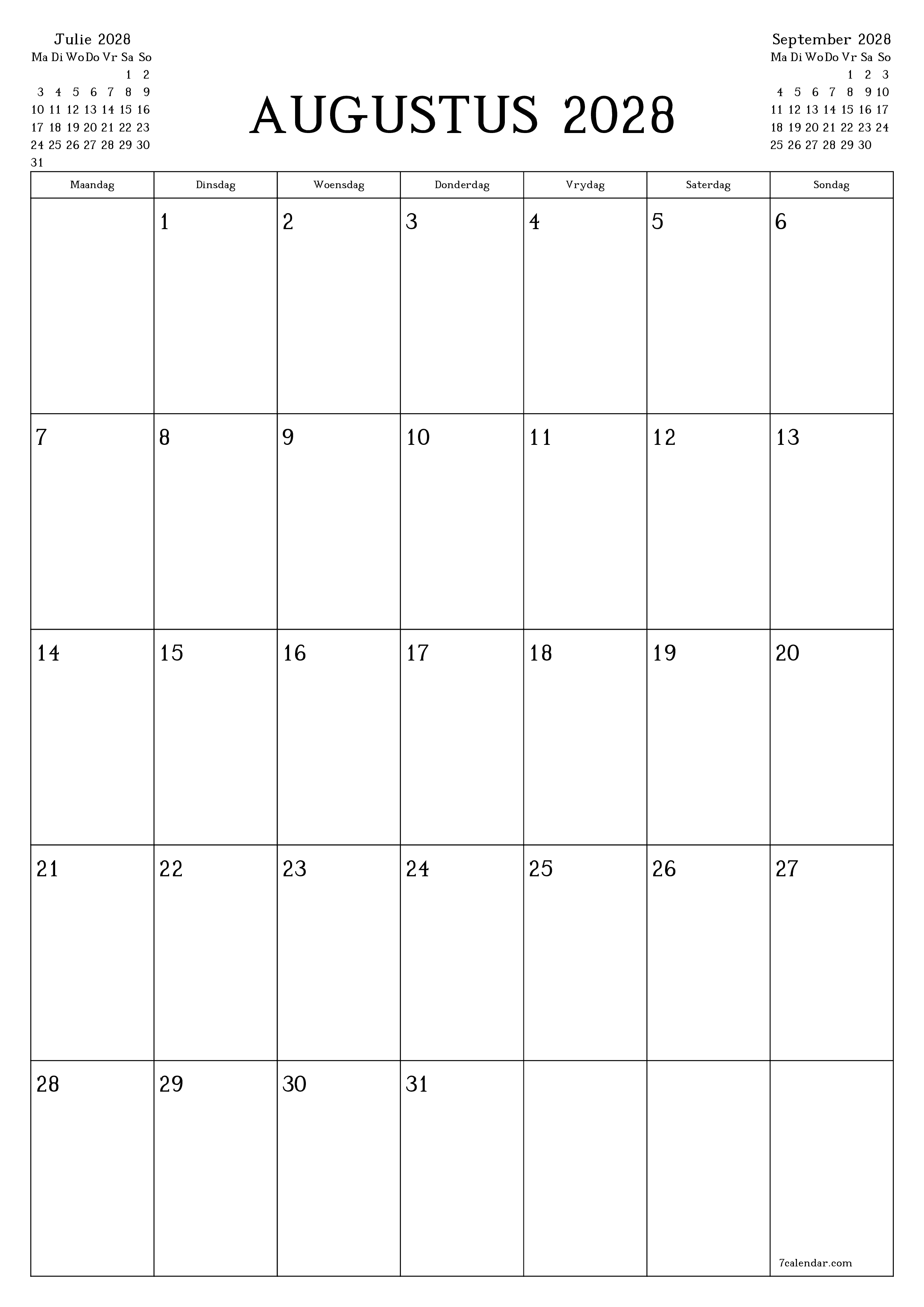 Leë maandelikse drukbare kalender en beplanner vir maand Augustus 2028 met notas stoor en druk na PDF PNG Afrikaans