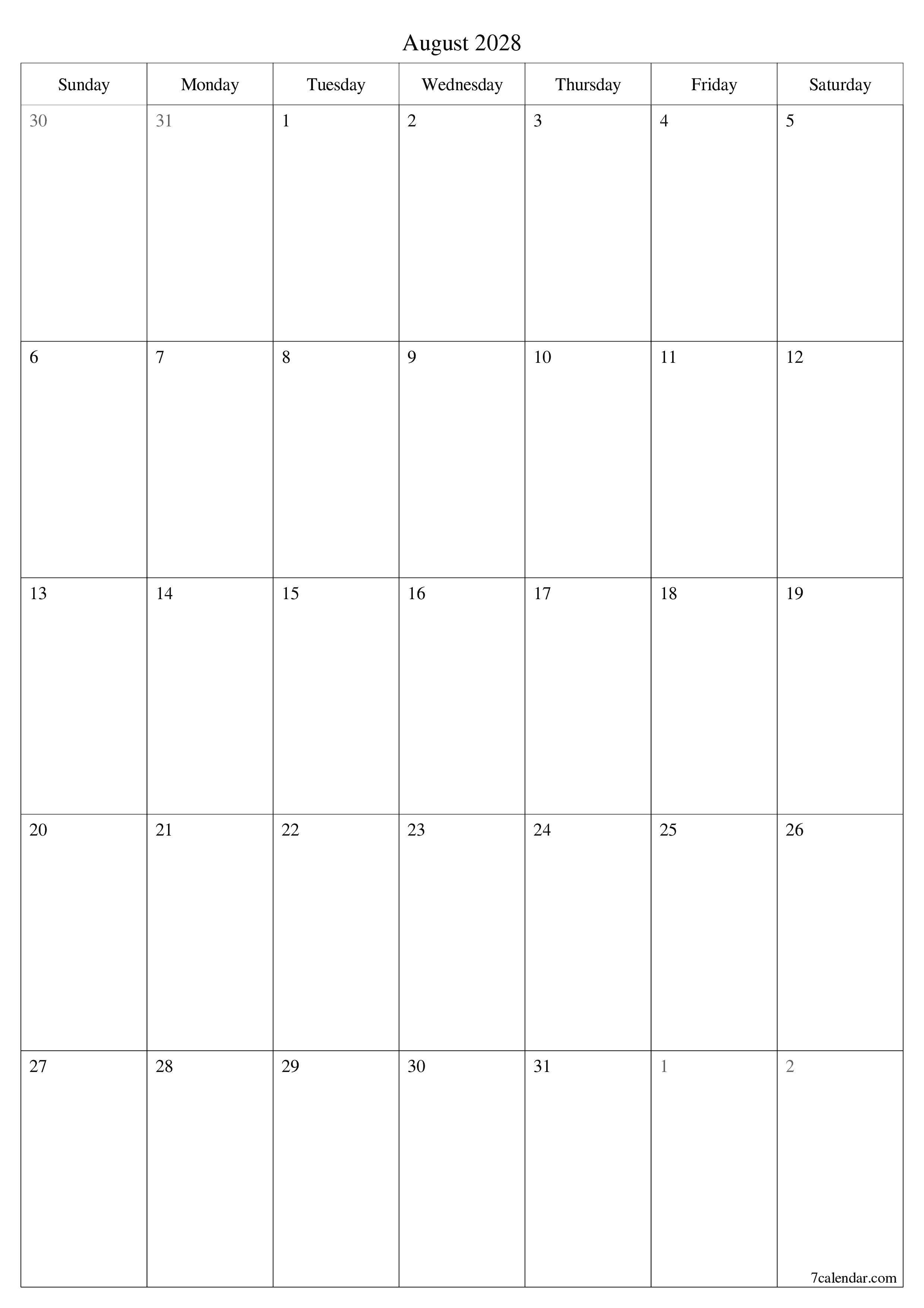 Blank calendar August 2028