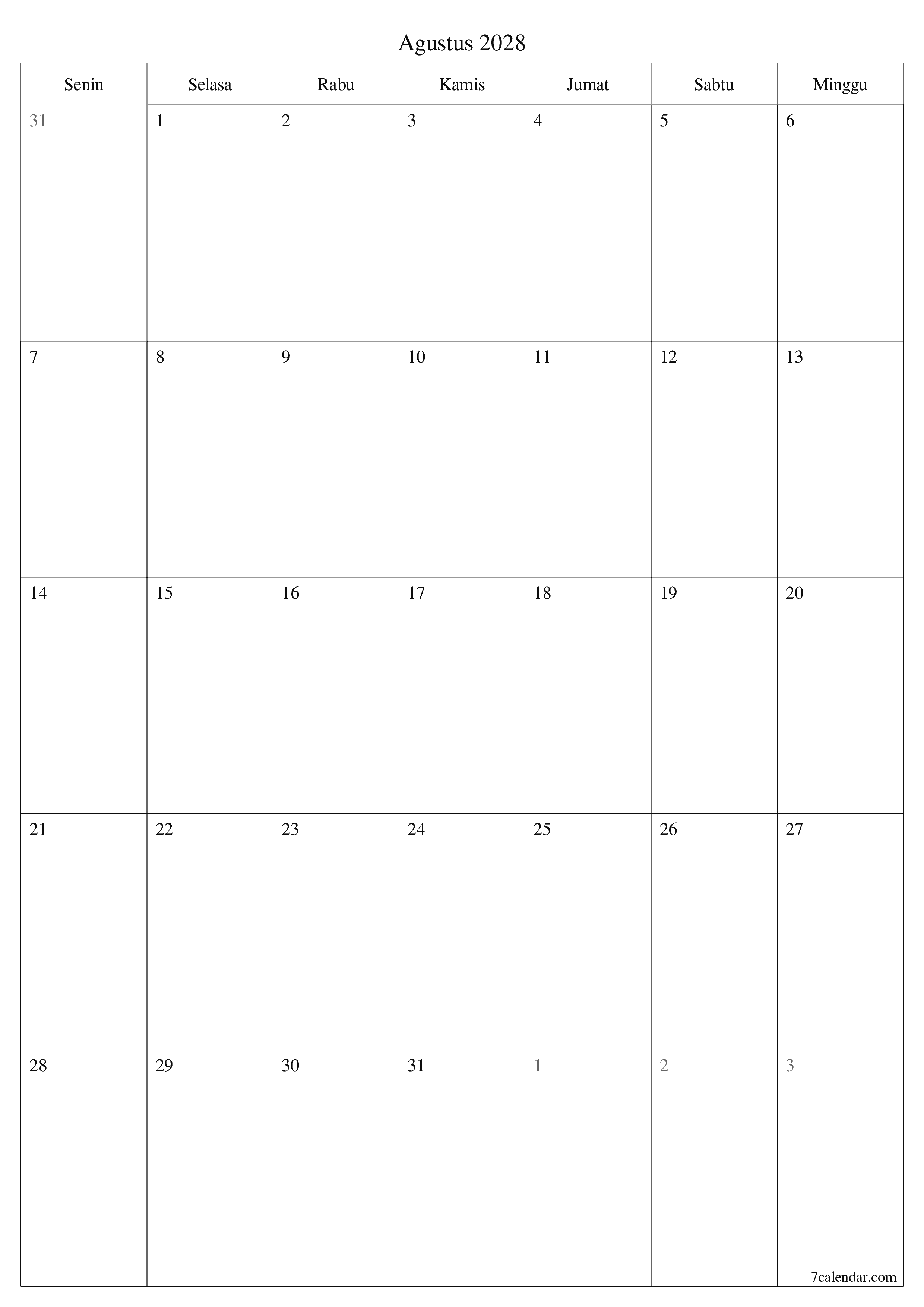 Kosongkan agenda bulanan untuk bulan Agustus 2028 dengan catatan, simpan dan cetak ke PDF PNG Indonesian