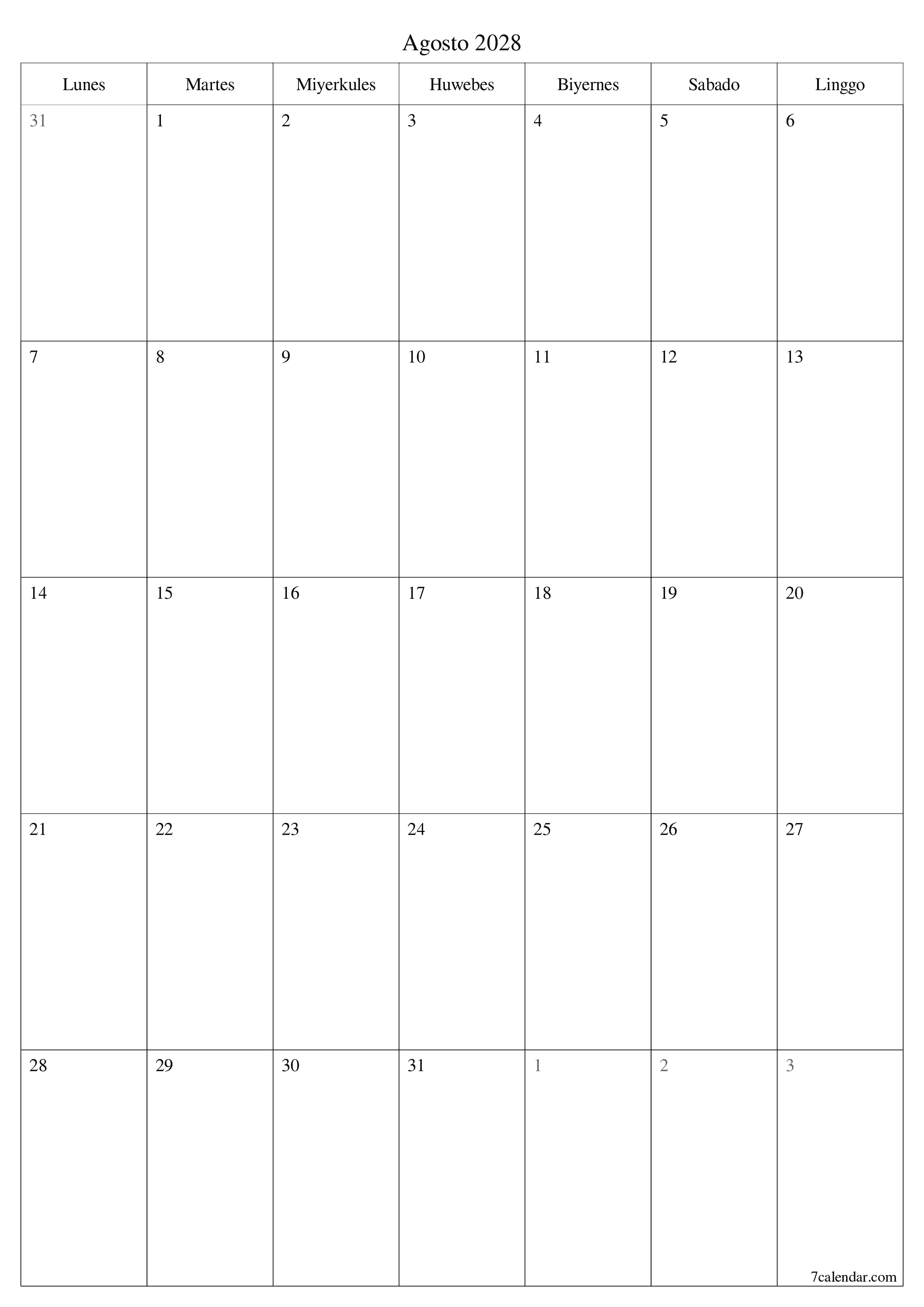 Walang laman na buwanang tagaplano para sa buwan na Agosto 2028 na may mga tala, i-save at i-print sa PDF PNG Filipino