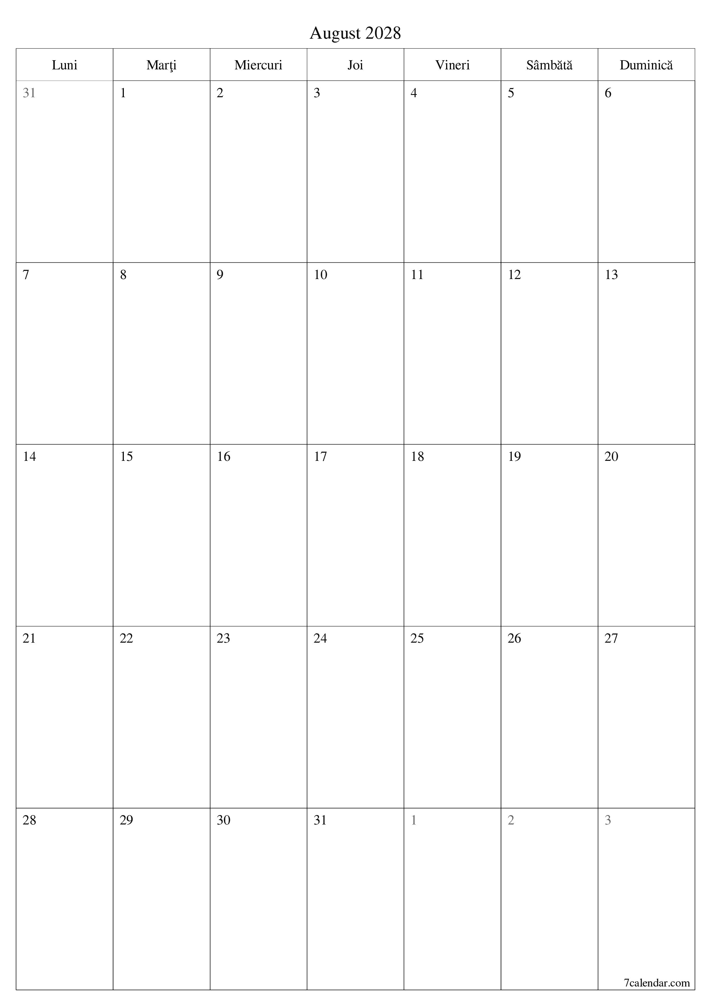Planificator lunar gol pentru luna August 2028 cu note, salvați și tipăriți în PDF PNG Romanian