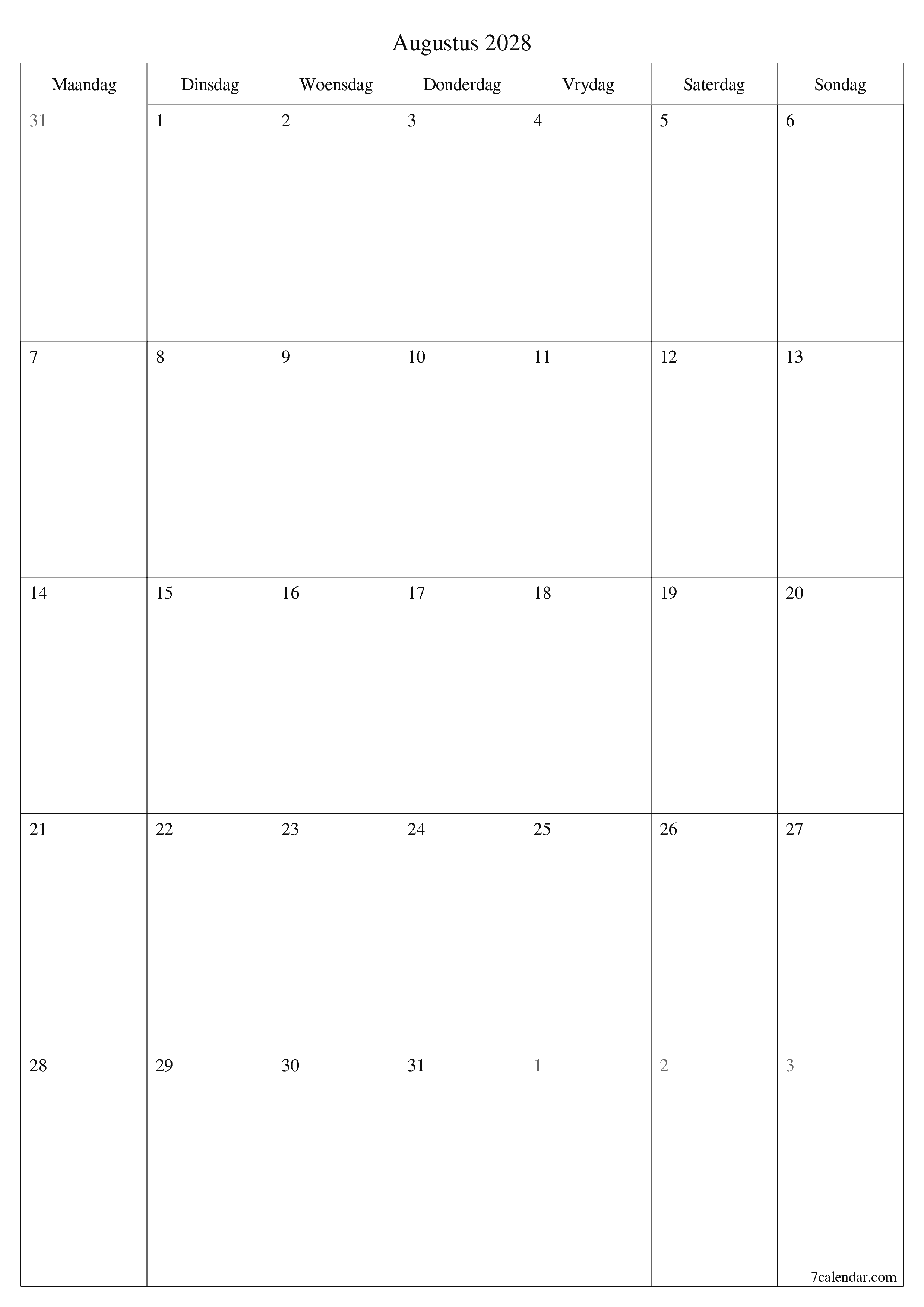 Leë maandelikse drukbare kalender en beplanner vir maand Augustus 2028 met notas stoor en druk na PDF PNG Afrikaans