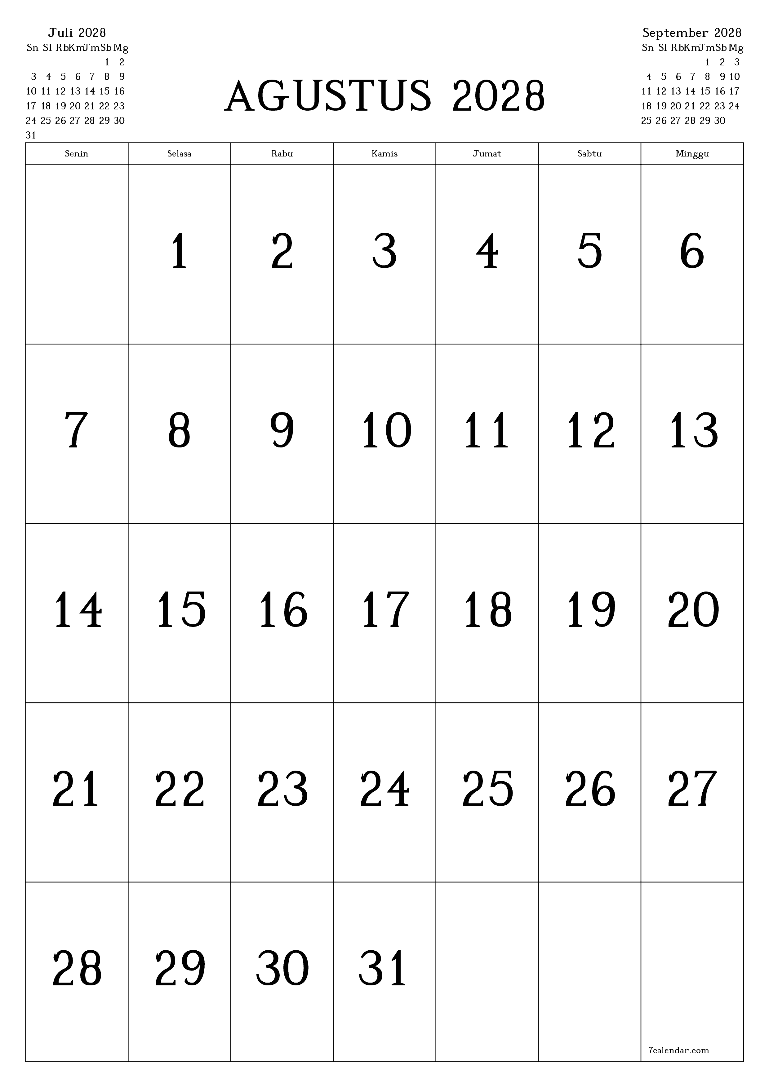 Kosongkan agenda bulanan untuk bulan Agustus 2028 dengan catatan, simpan dan cetak ke PDF PNG Indonesian