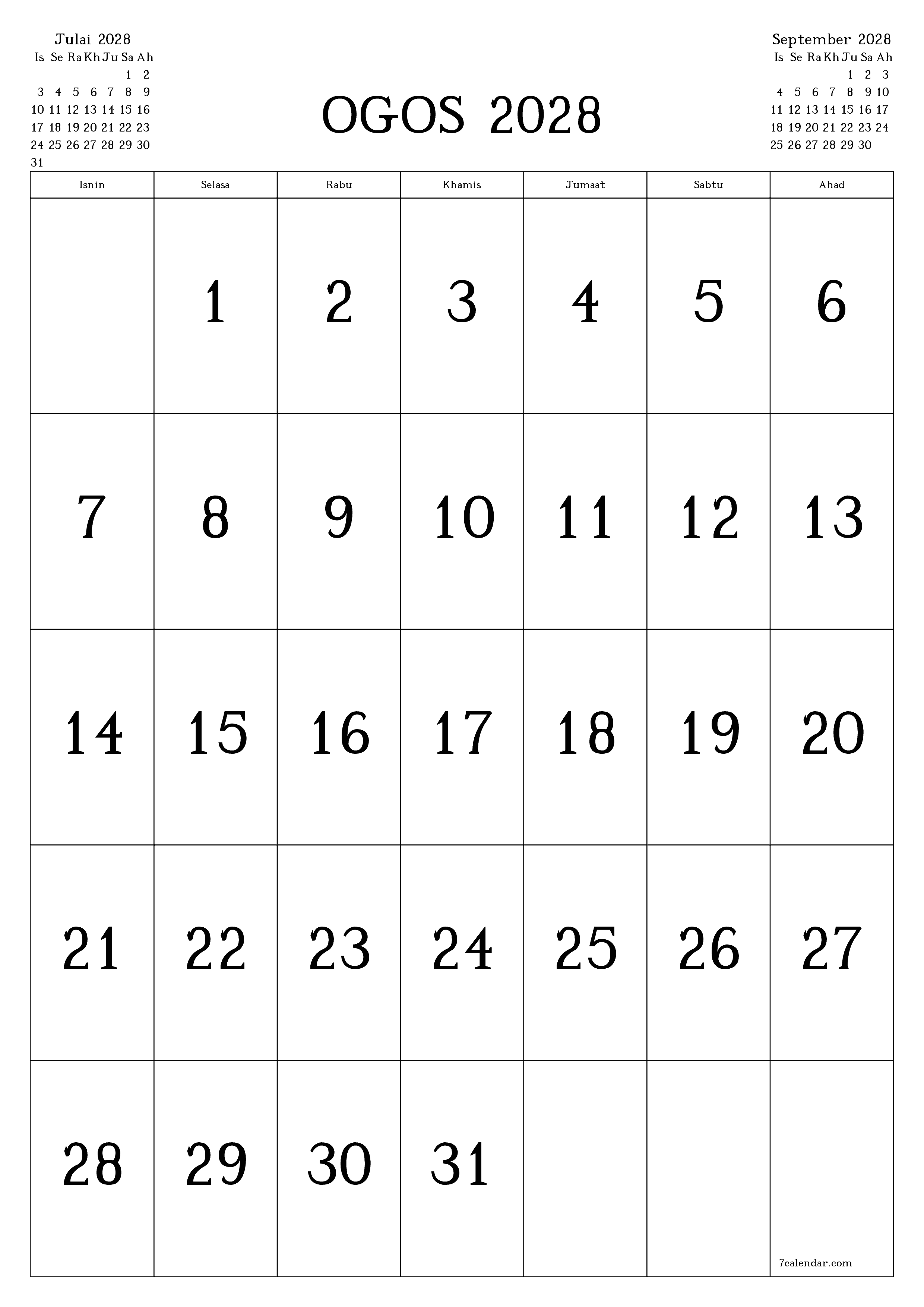 Perancang bulanan kosong untuk bulan Ogos 2028 dengan nota, simpan dan cetak ke PDF PNG Malay