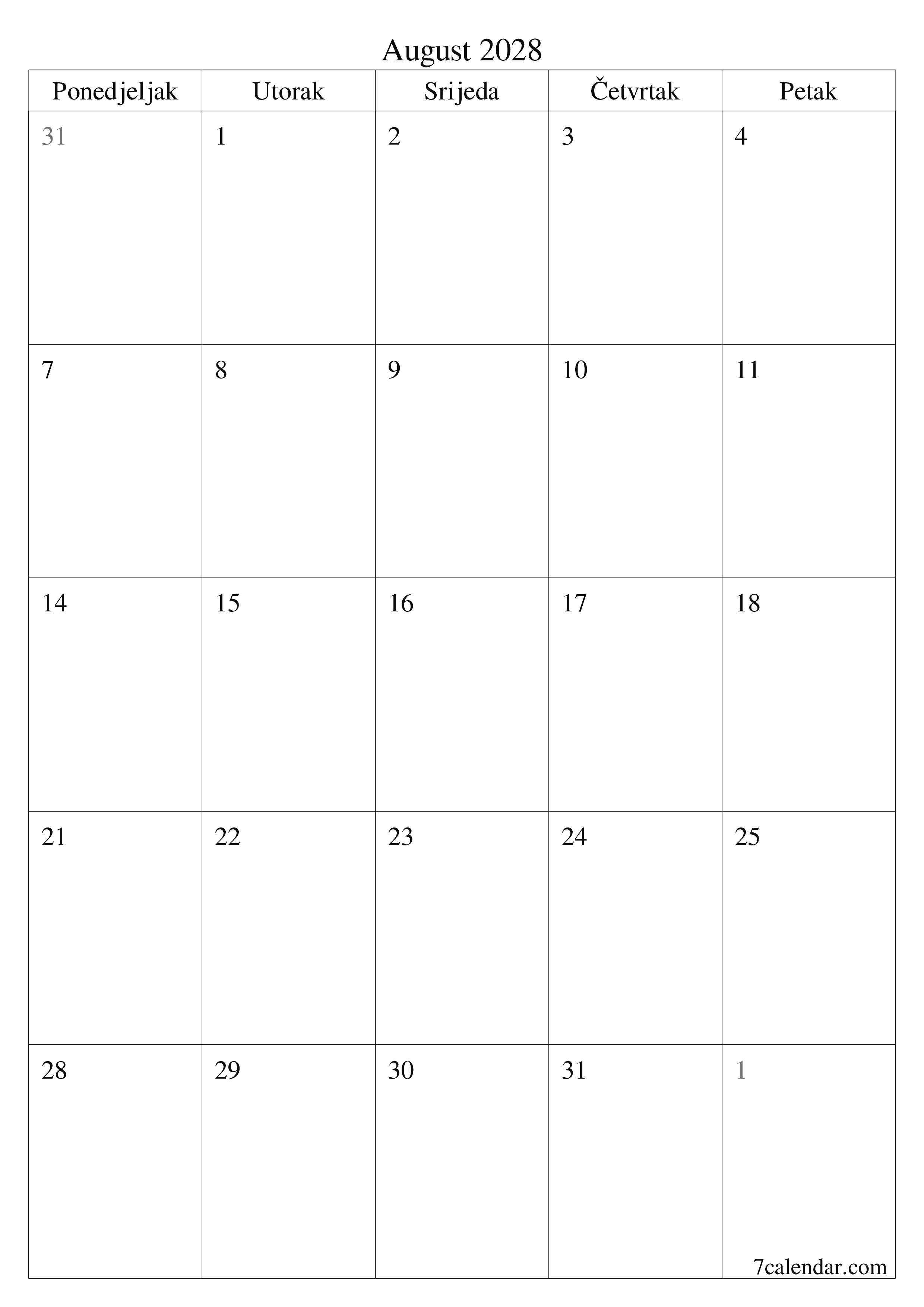  za štampanje zidni šablon a besplatni vertikalno Mjesečno planer kalendar August (Aug) 2028