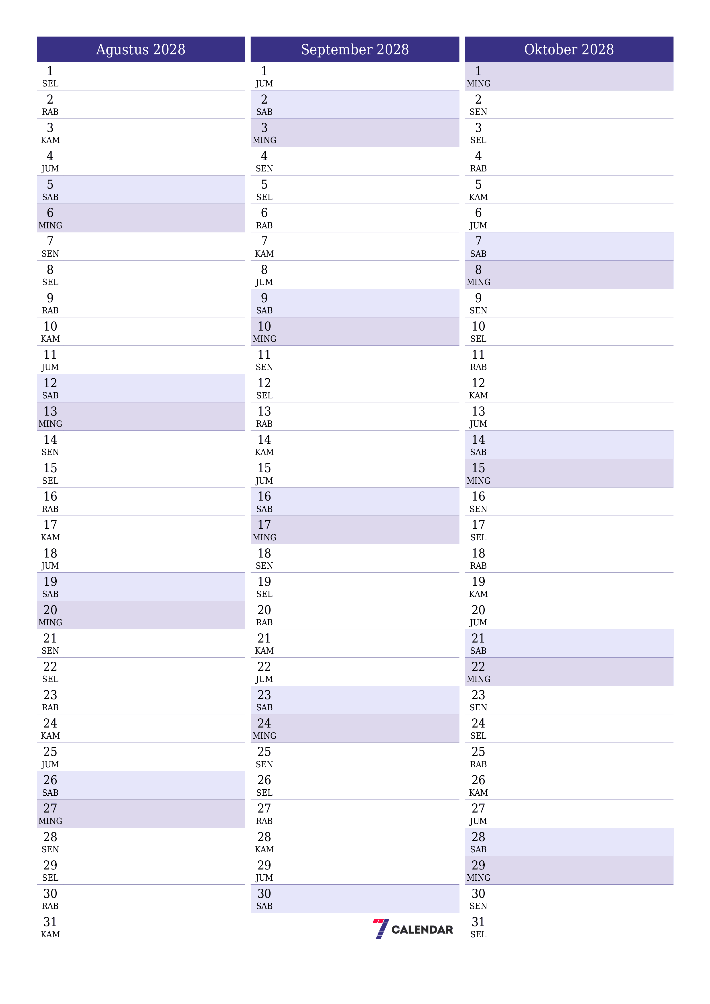 Kosongkan agenda bulanan untuk bulan Agustus 2028 dengan catatan, simpan dan cetak ke PDF PNG Indonesian