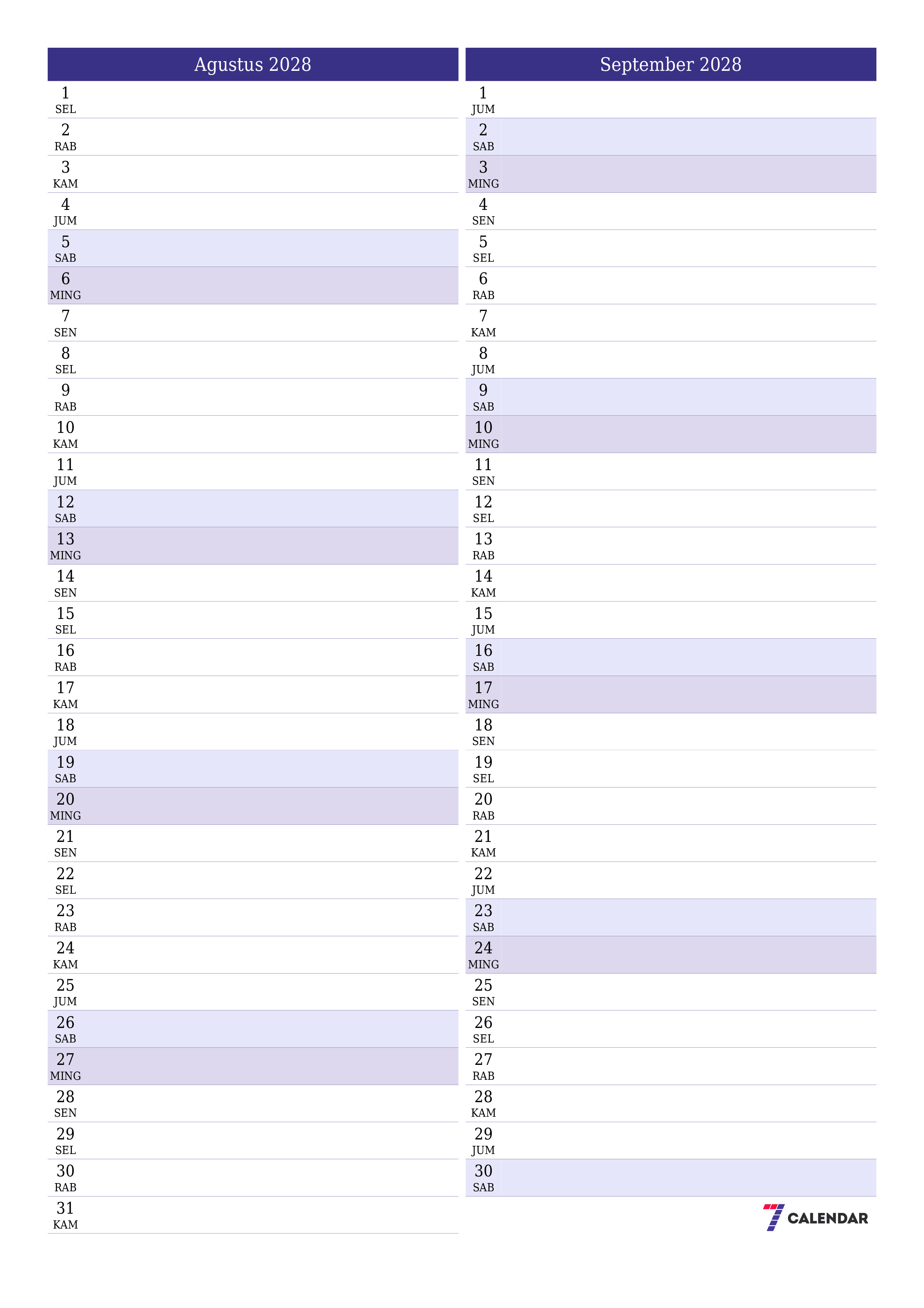 Kosongkan agenda bulanan untuk bulan Agustus 2028 dengan catatan, simpan dan cetak ke PDF PNG Indonesian