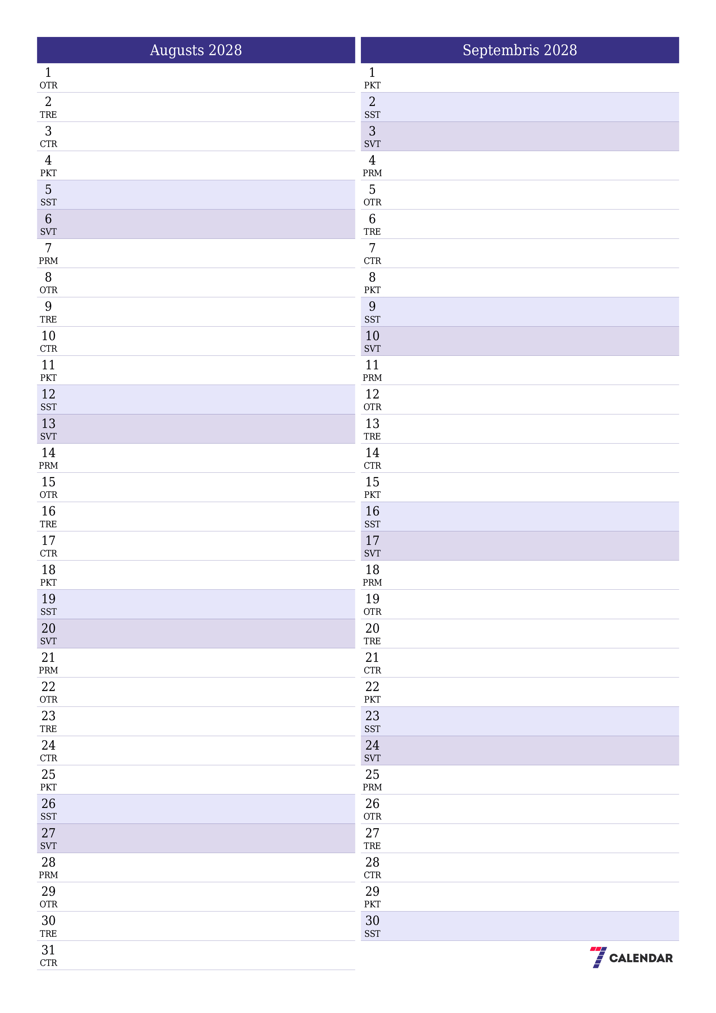 Iztukšot mēneša plānotāju mēnesim Augusts 2028 ar piezīmēm, saglabāt un izdrukāt PDF formātā PNG Latvian