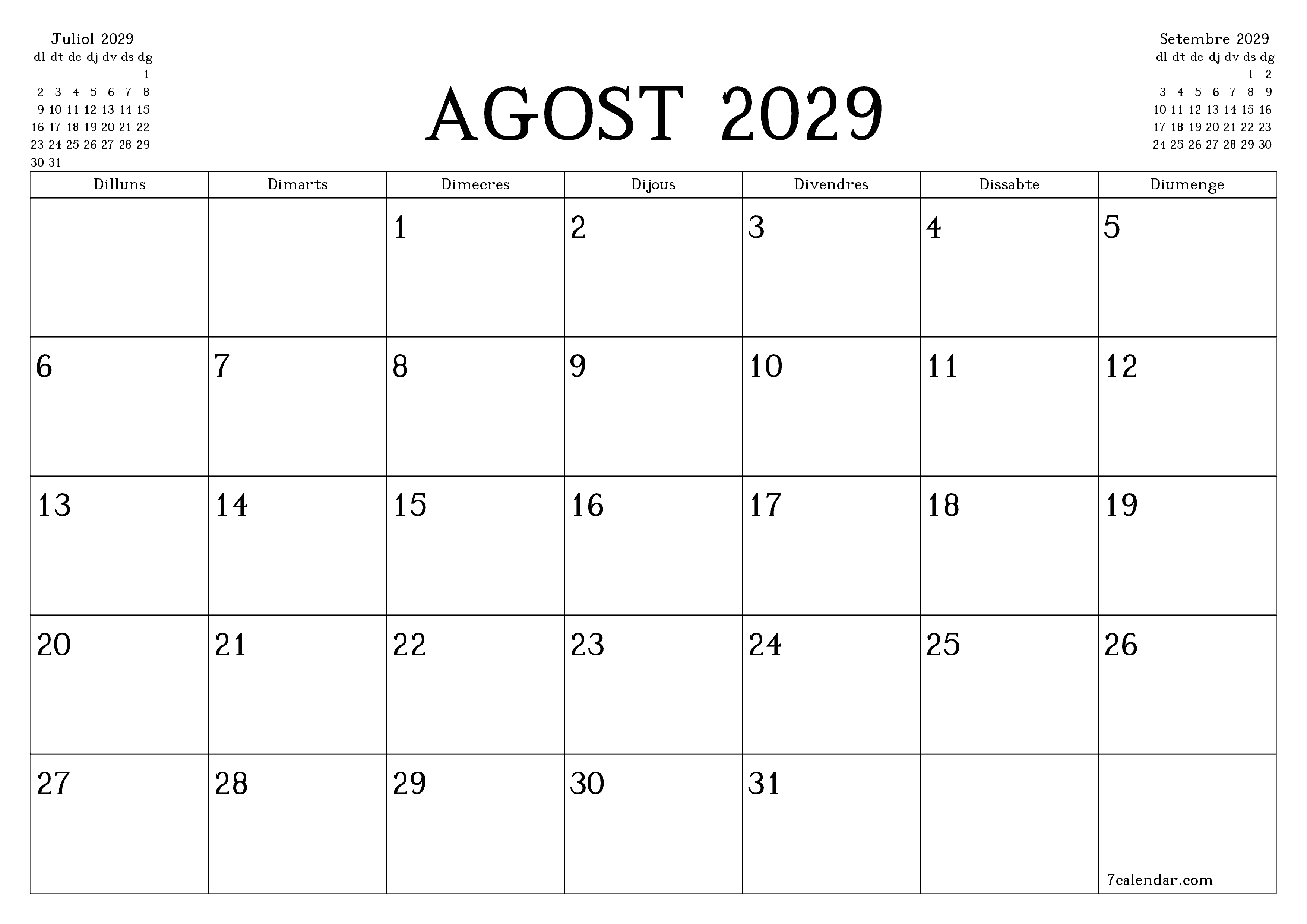Planificador mensual buit del mes Agost 2029 amb notes, deseu-lo i imprimiu-lo en format PDF PNG Catalan