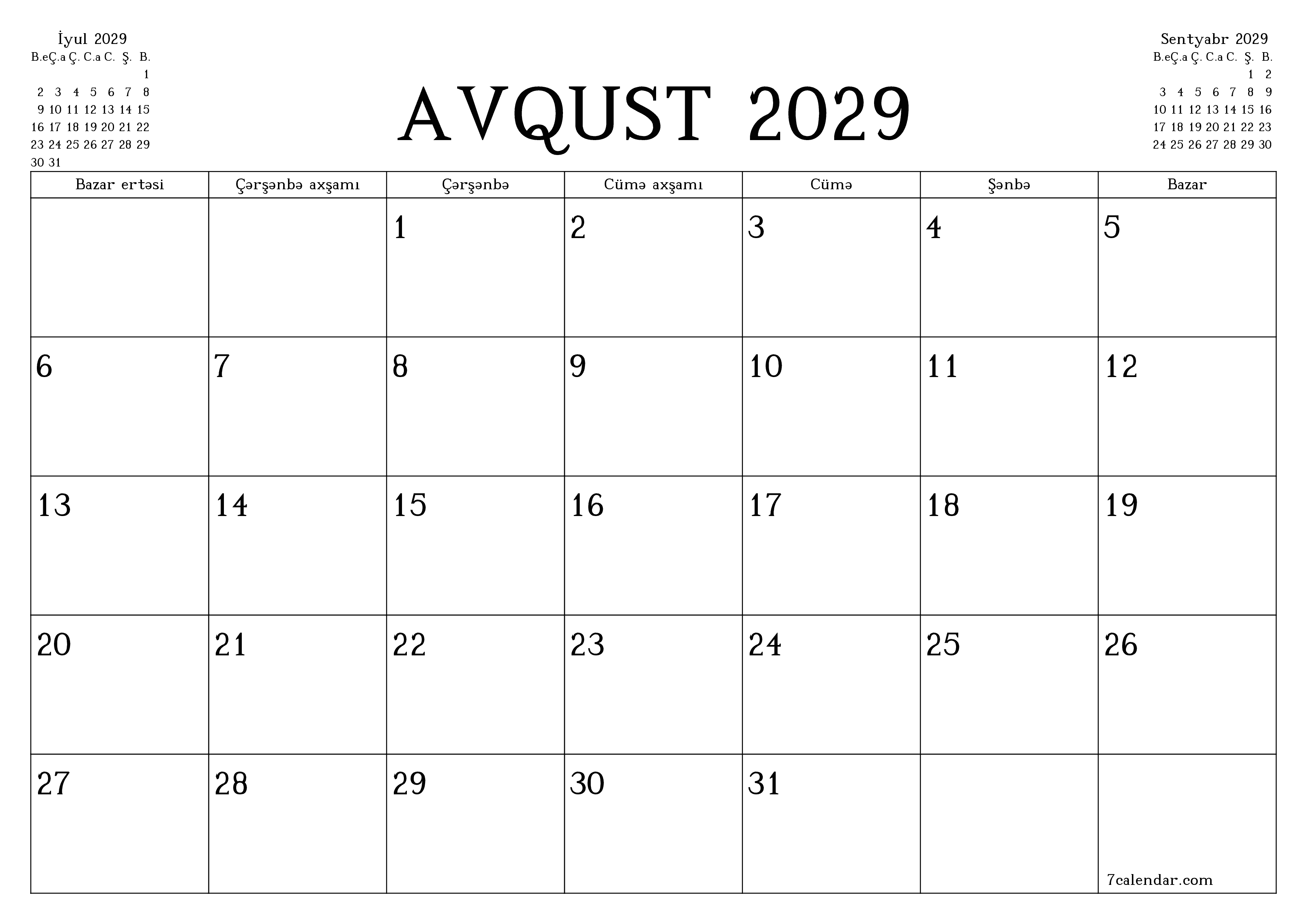 Avqust 2029 ayı üçün qeydlər ilə boş aylıq planlayıcı, qeyd edin və PDF-ə yazdırın PNG Azerbaijani
