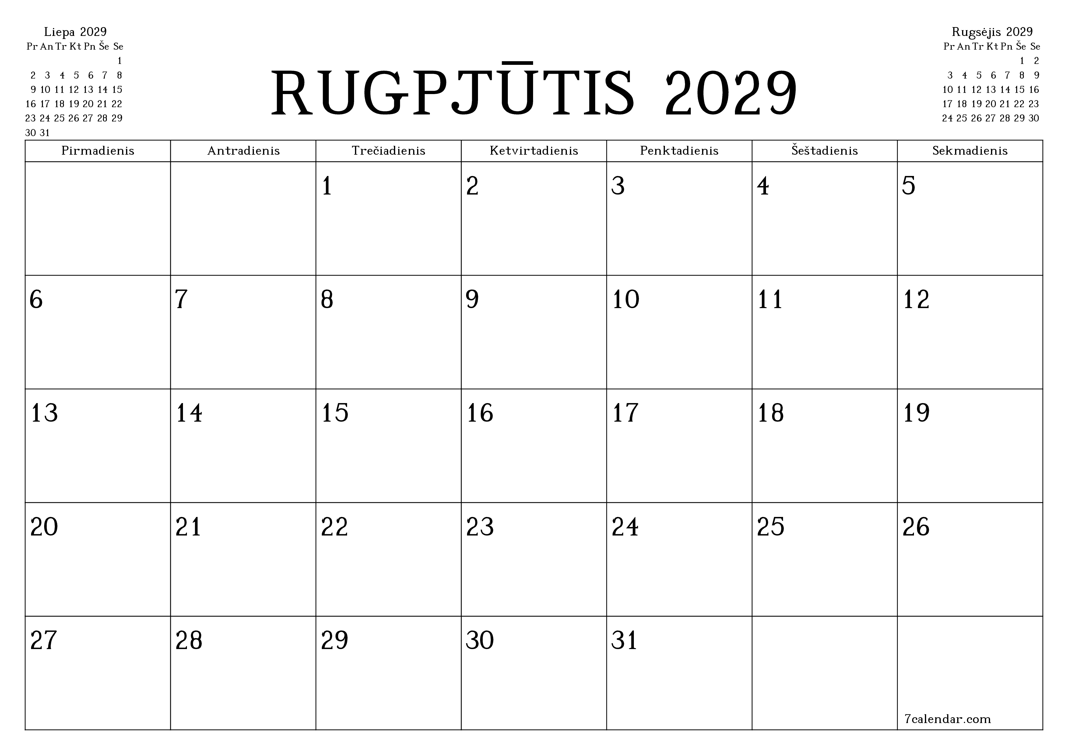 Ištuštinti mėnesio Rugpjūtis 2029 mėnesio planavimo priemonę su užrašais, išsaugoti ir atsispausdinti PDF formate PNG Lithuanian