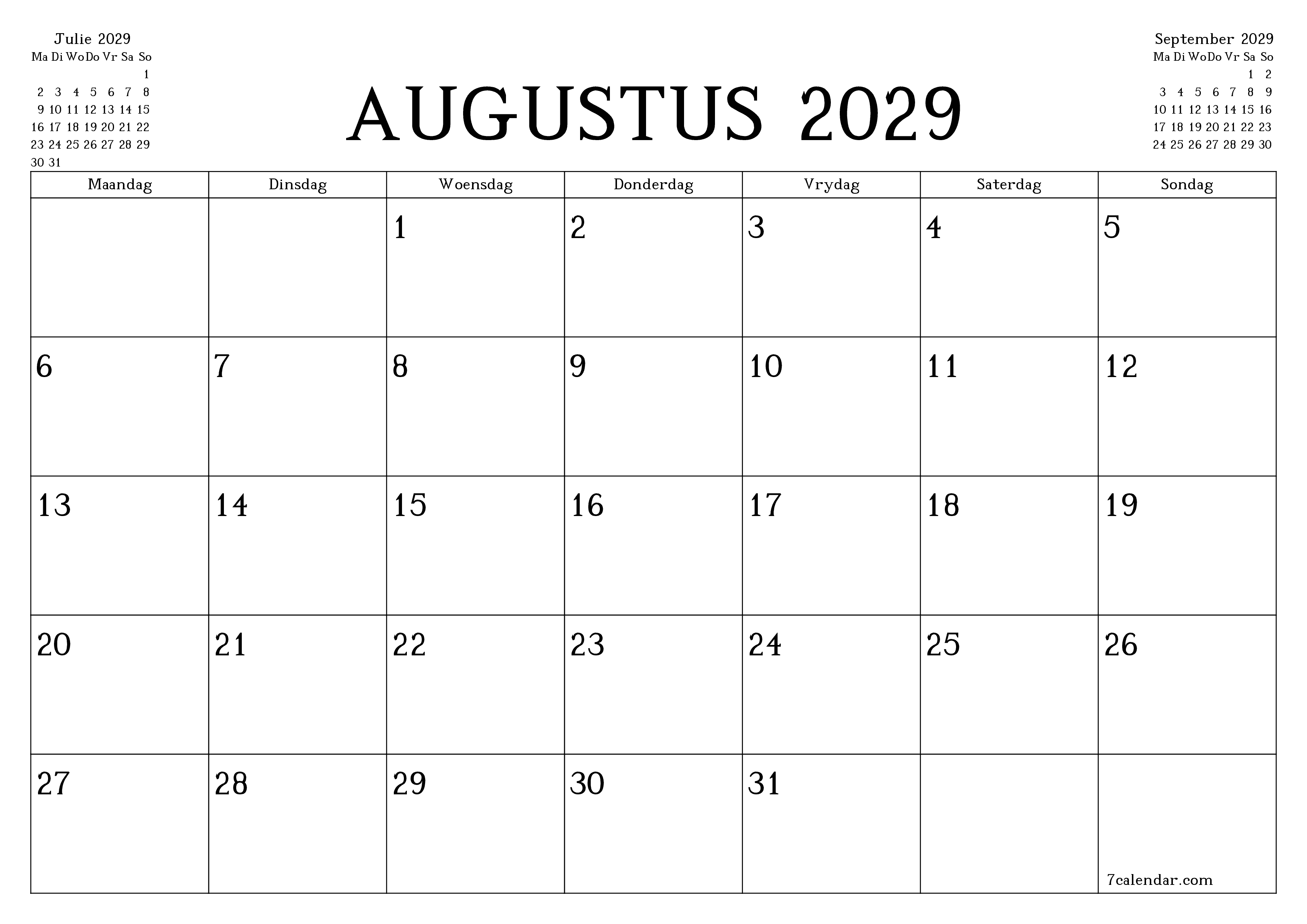 Leë maandelikse drukbare kalender en beplanner vir maand Augustus 2029 met notas stoor en druk na PDF PNG Afrikaans