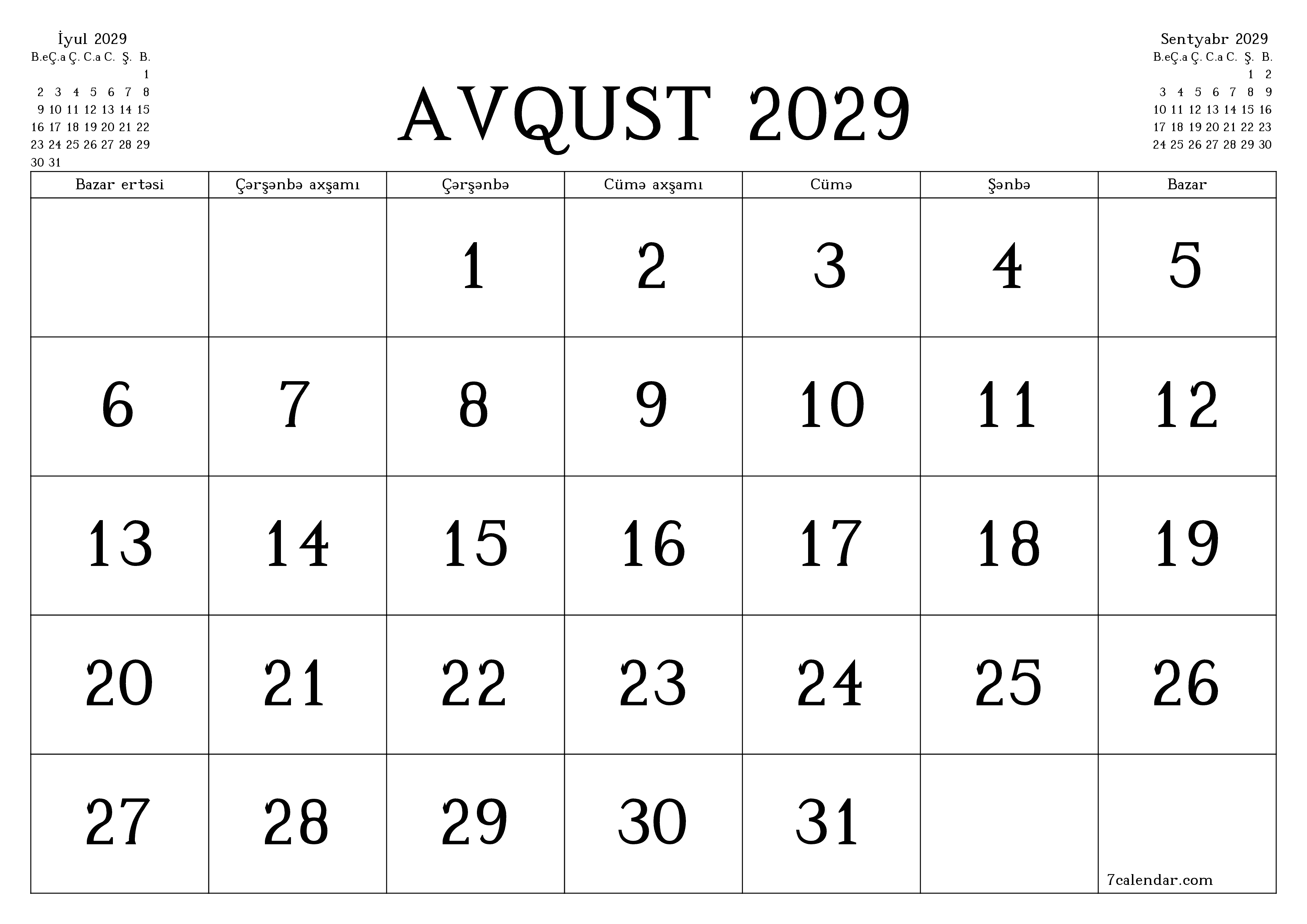 Avqust 2029 ayı üçün qeydlər ilə boş aylıq planlayıcı, qeyd edin və PDF-ə yazdırın PNG Azerbaijani