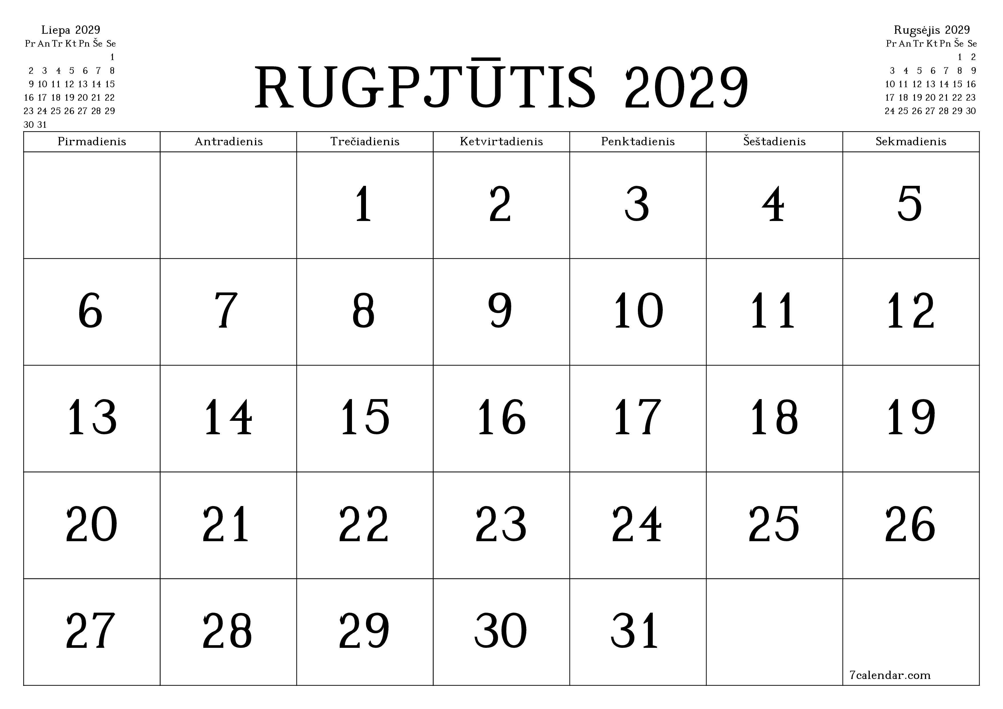 Ištuštinti mėnesio Rugpjūtis 2029 mėnesio planavimo priemonę su užrašais, išsaugoti ir atsispausdinti PDF formate PNG Lithuanian