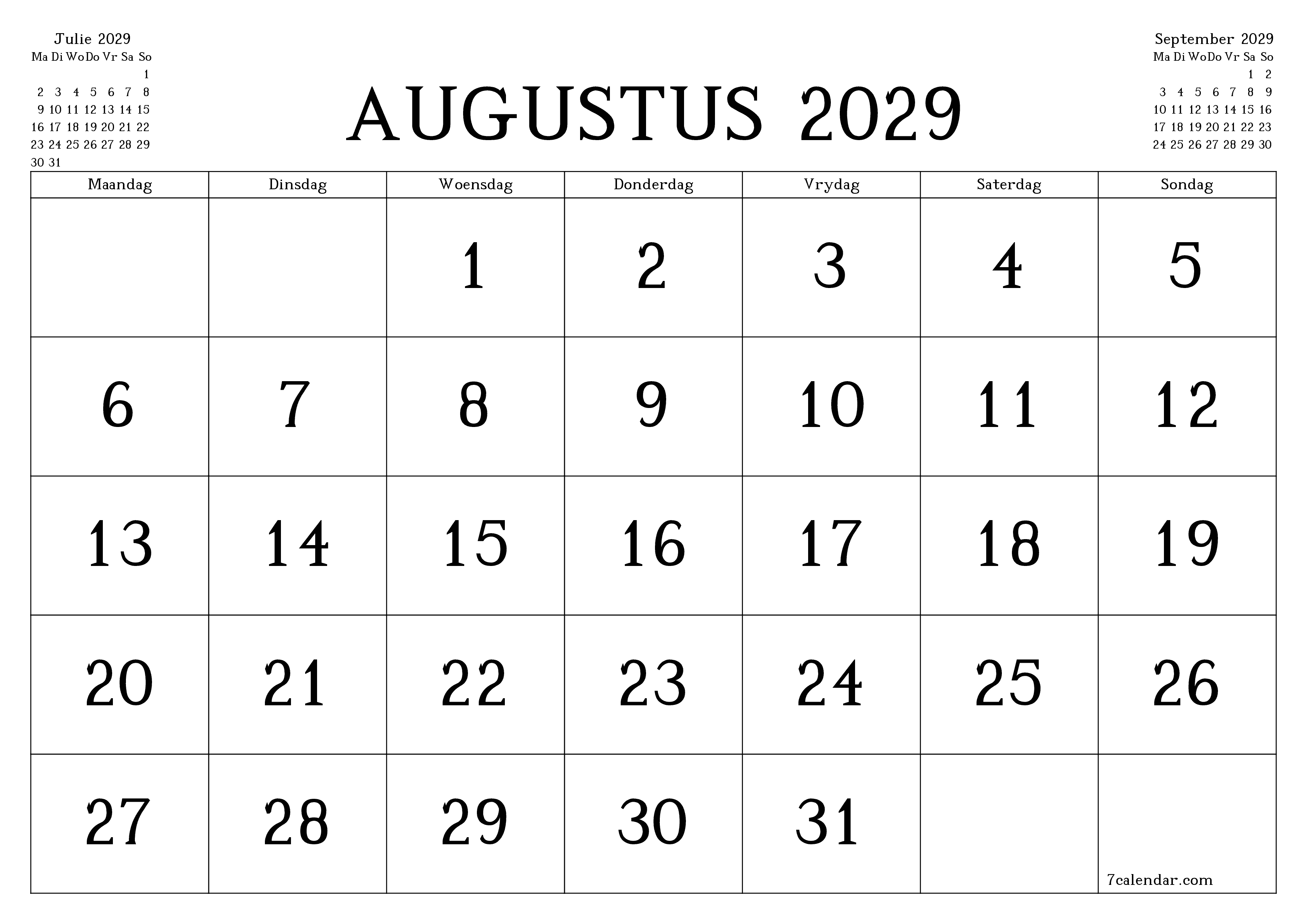 Leë maandelikse drukbare kalender en beplanner vir maand Augustus 2029 met notas stoor en druk na PDF PNG Afrikaans