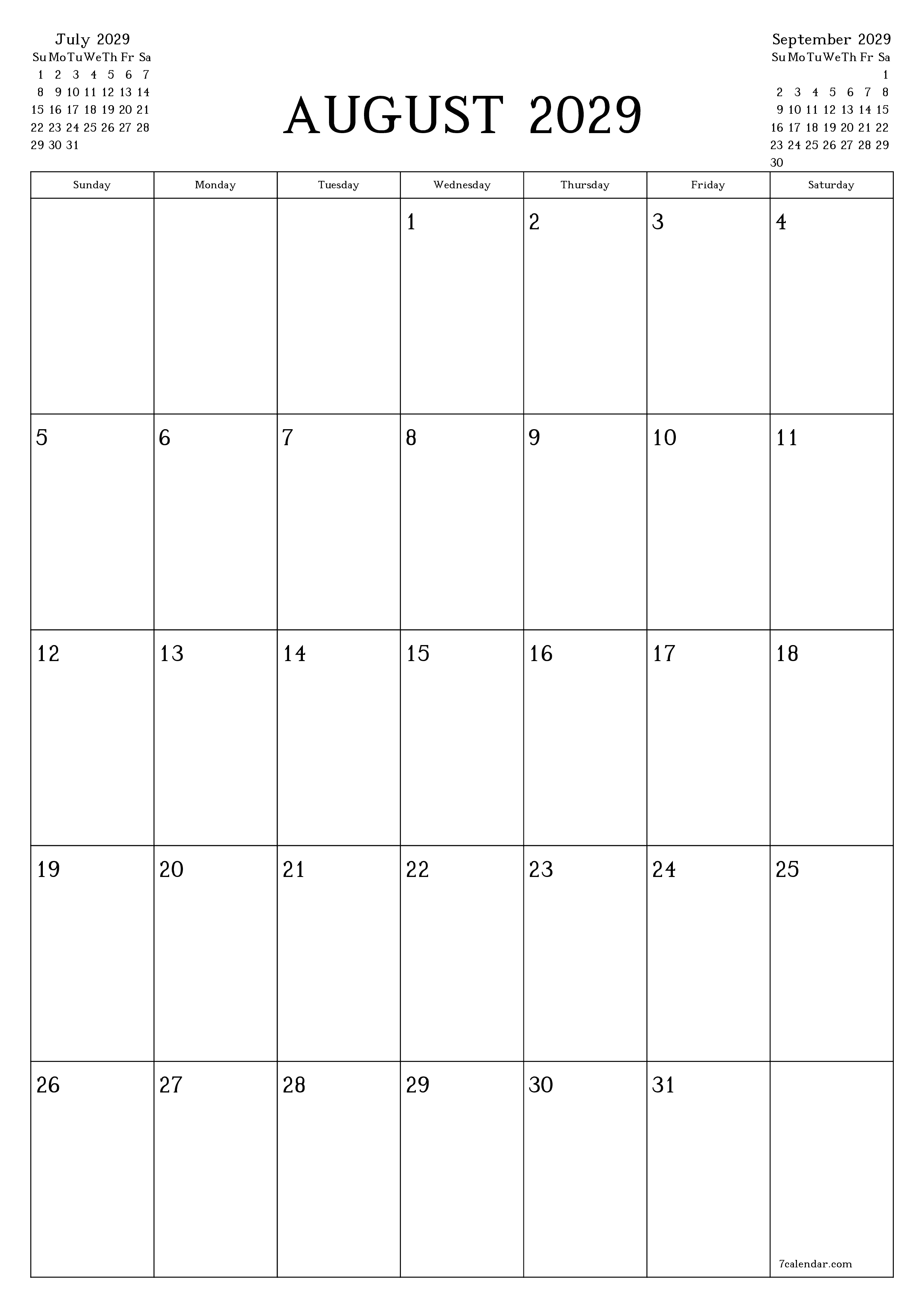 Blank calendar August 2029