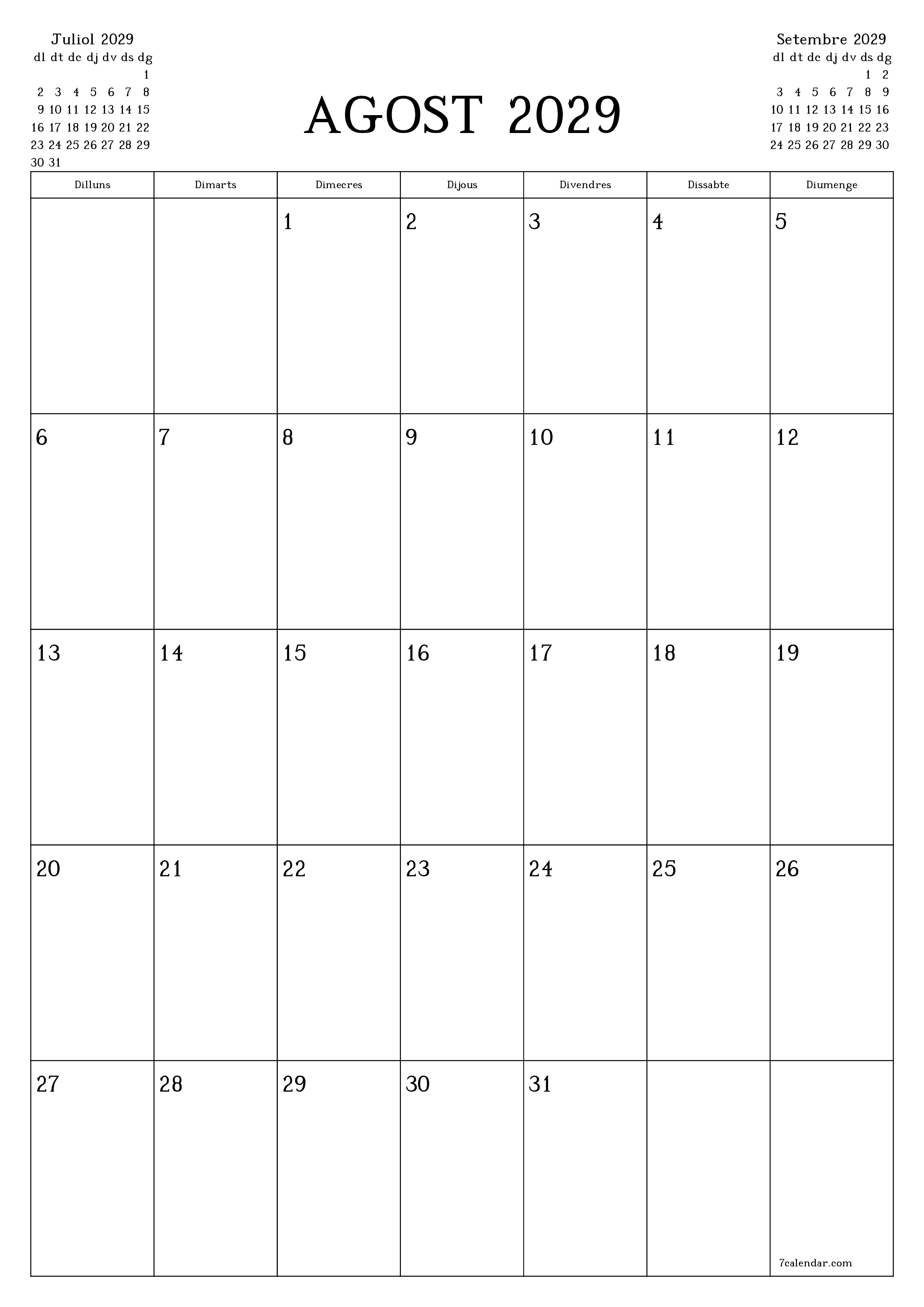  imprimible de paret plantilla de gratuïtvertical Mensual planificador calendari Agost (Ago) 2029