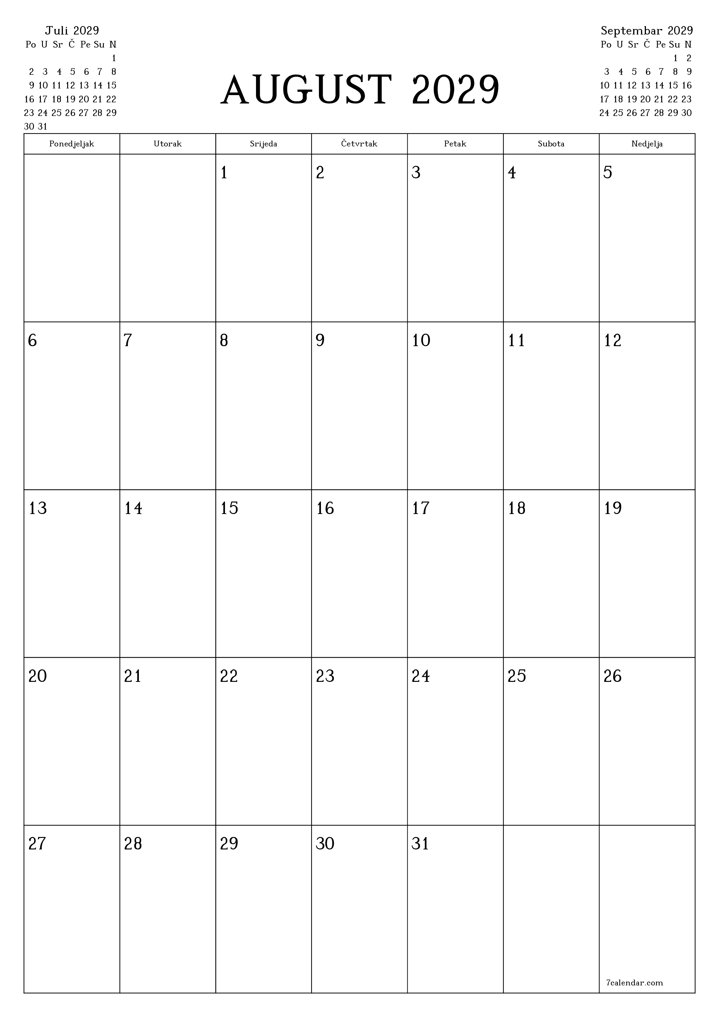  za štampanje zidni šablon a besplatni vertikalno Mjesečno planer kalendar August (Aug) 2029