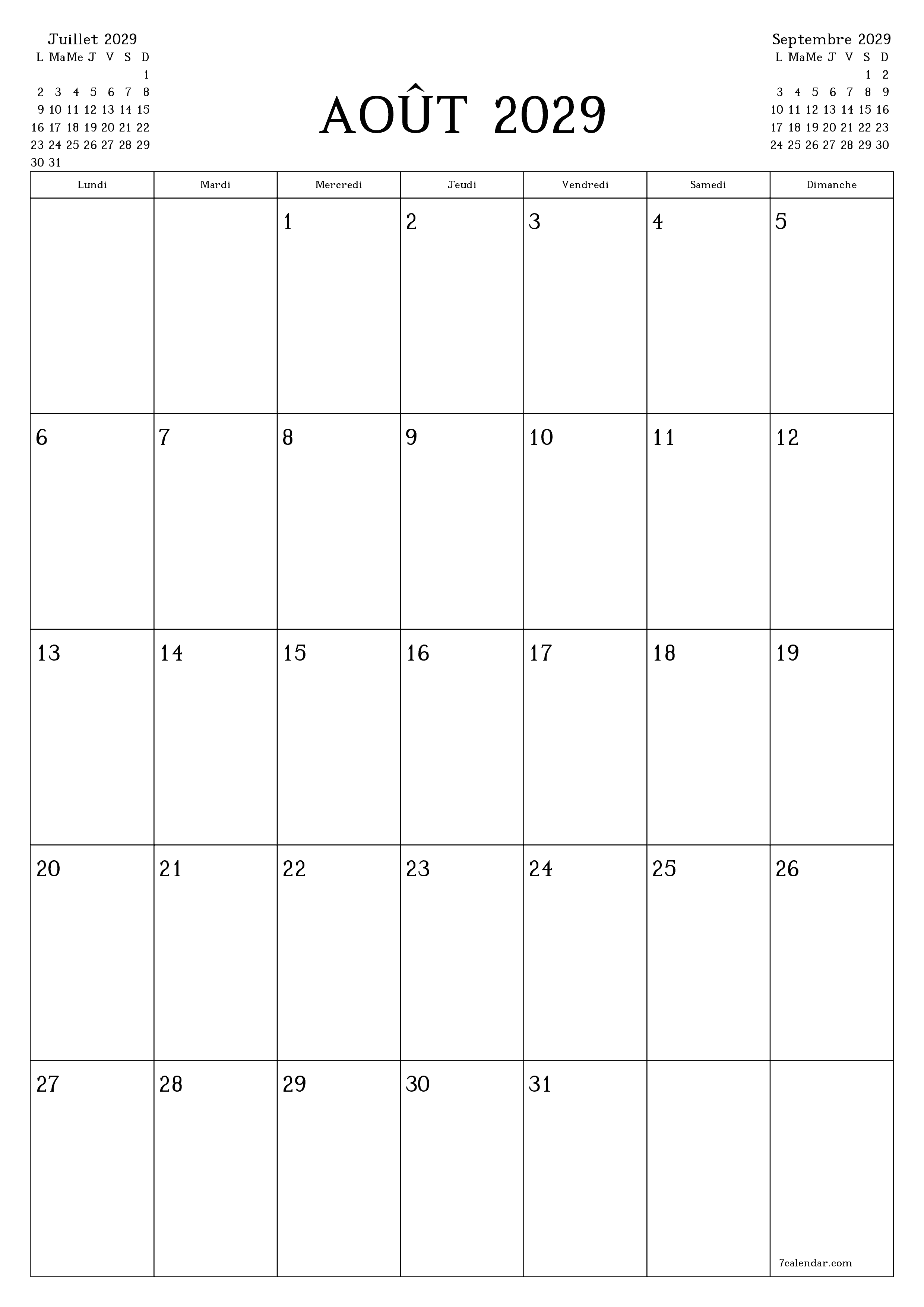  imprimable mural modèle de gratuitverticale Mensuel planificateur calendrier Août (Aou) 2029