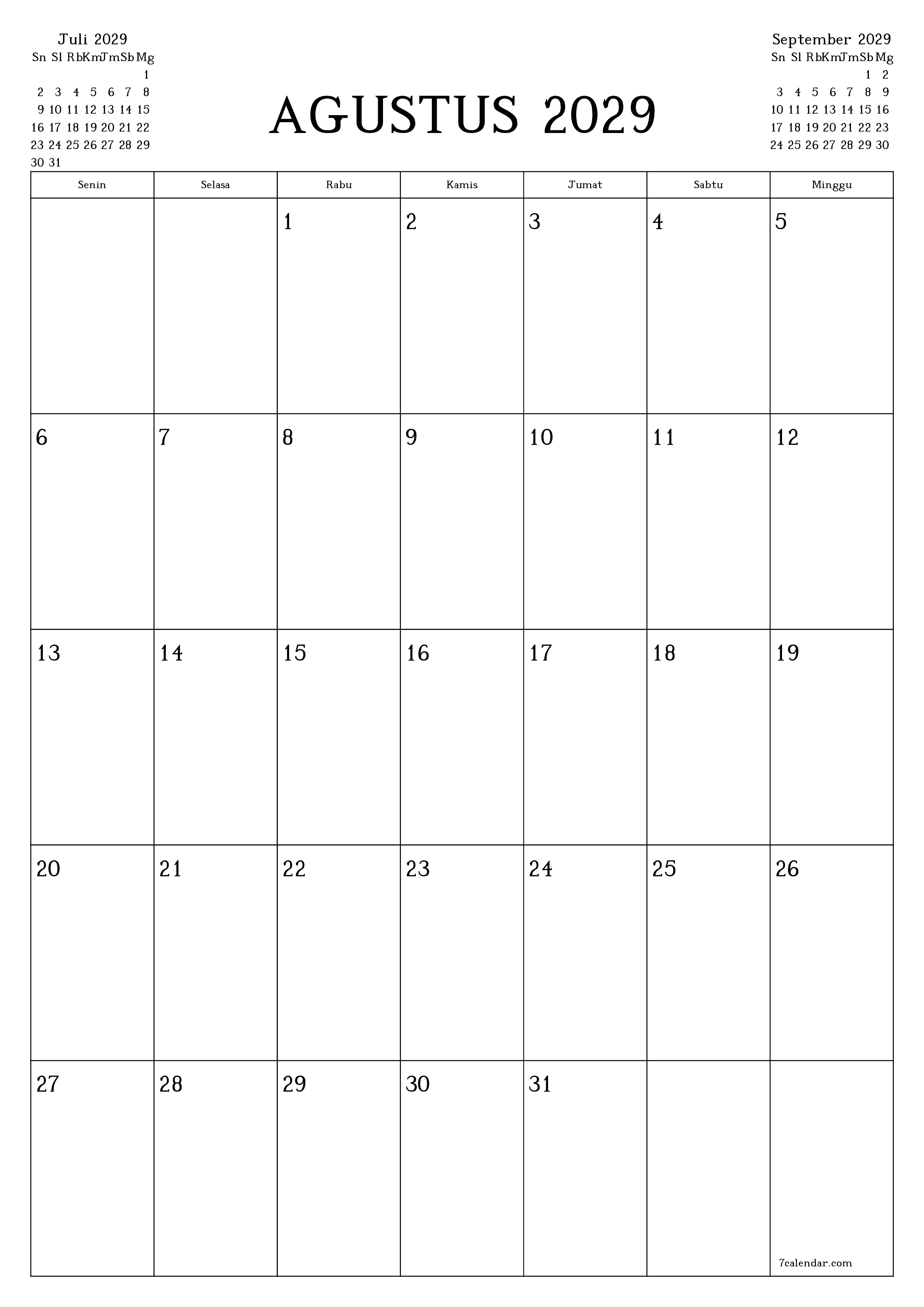  yang dapat dicetak dinding templat gratisvertikal Bulanan perencana kalender Agustus (Agt) 2029