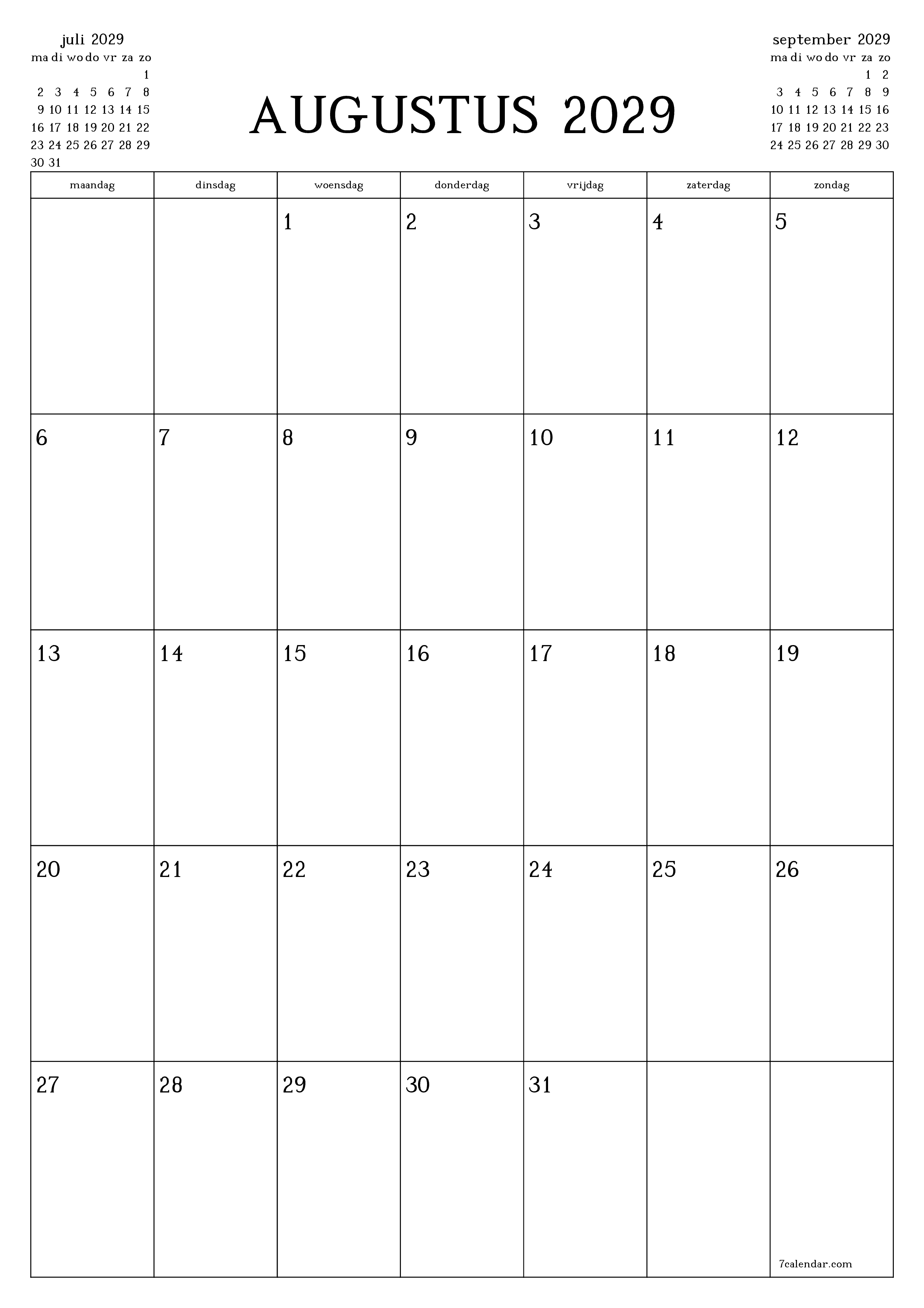 afdrukbare muur sjabloon gratis verticaal Maandelijks planner kalender augustus (aug) 2029